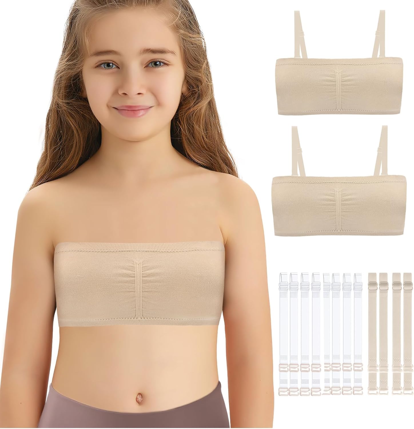 Girls Strapless Dance Bra with Adjustable Clear Straps, Nude Seamless Ballet Bandea...