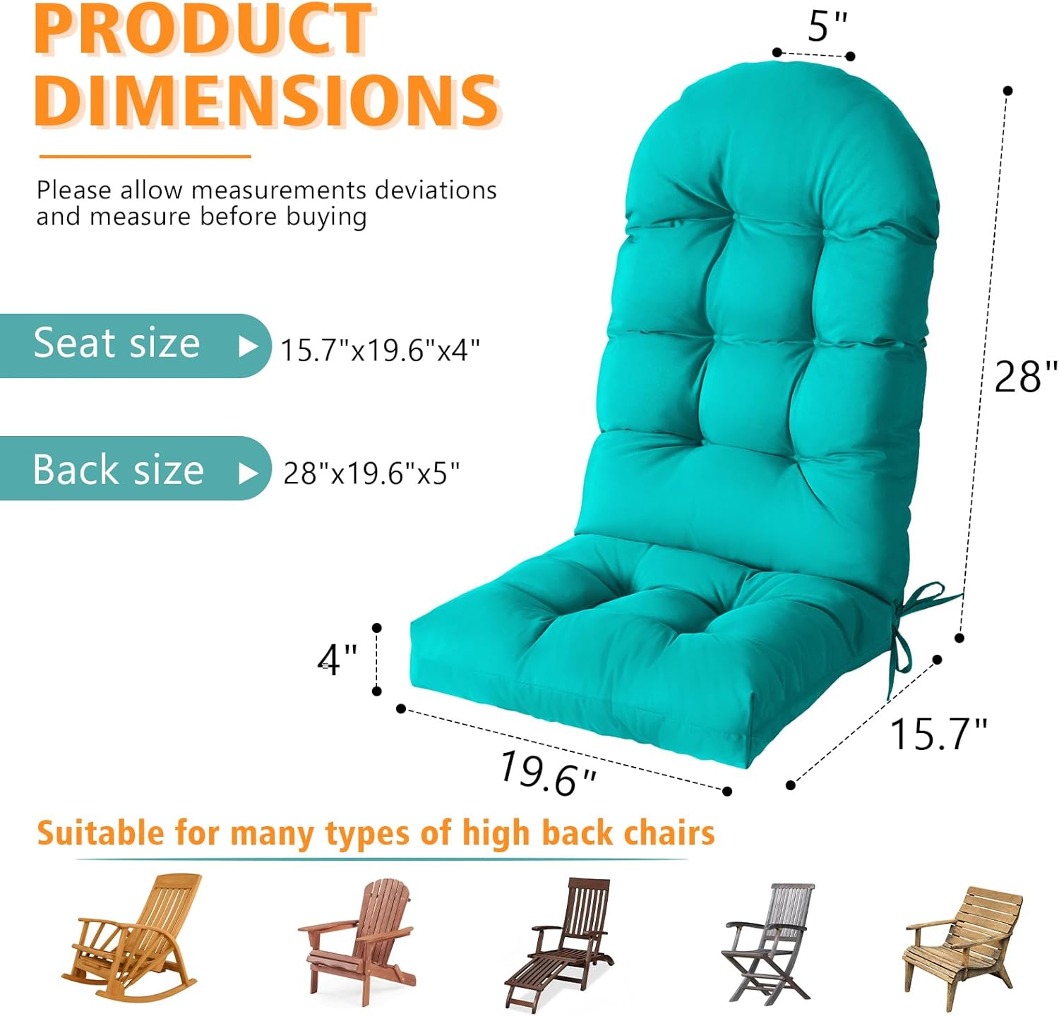 Enipate Weather Resistant Adirondack Chair Cushions High Back Indoor Outdoor Patio Tufted Lounge Cushion Seat Pads