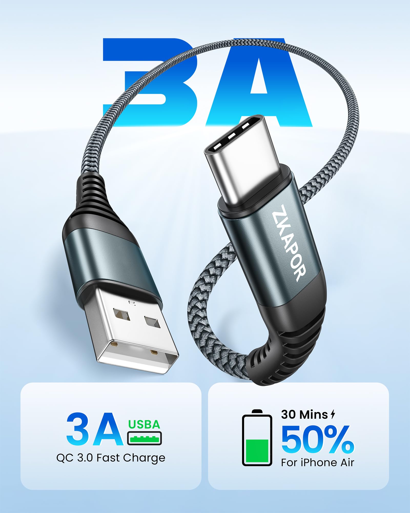 ZKAPOR Cavo USB Type-C Corto [2Pezzi, 30CM], Cavo USB C 3A Ricarica Rapida Nylon Intrecciato Compatibile per iPhone 15/15 Pro Max, Samsung Galaxy S23/S22, Note 10, P40/P30, Google Pixel -Grigio