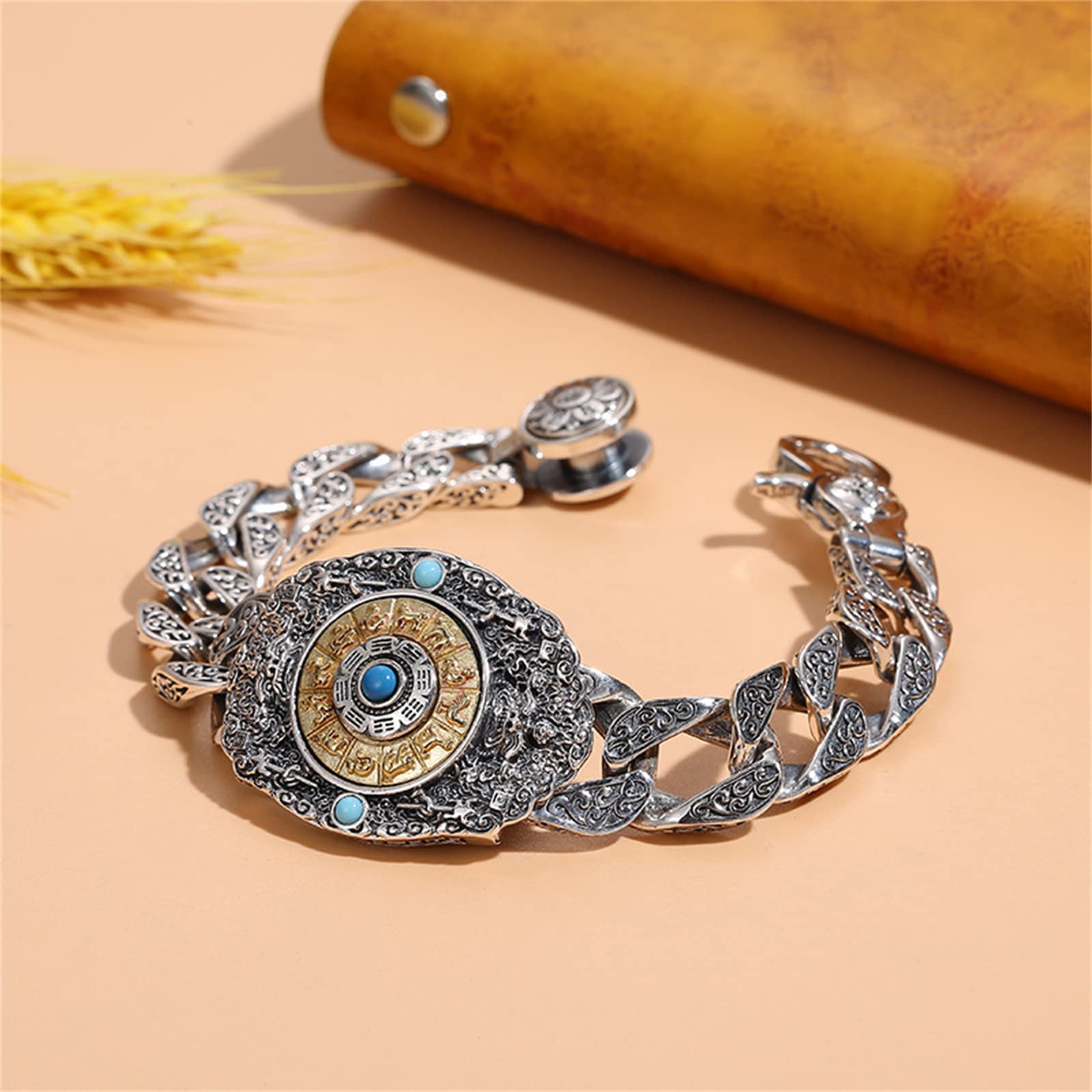 Brazalete taoísta Jiugong Bagua plata ley S925, brazalete plata ley vintage gótico para hombre, Plata, 20 cm