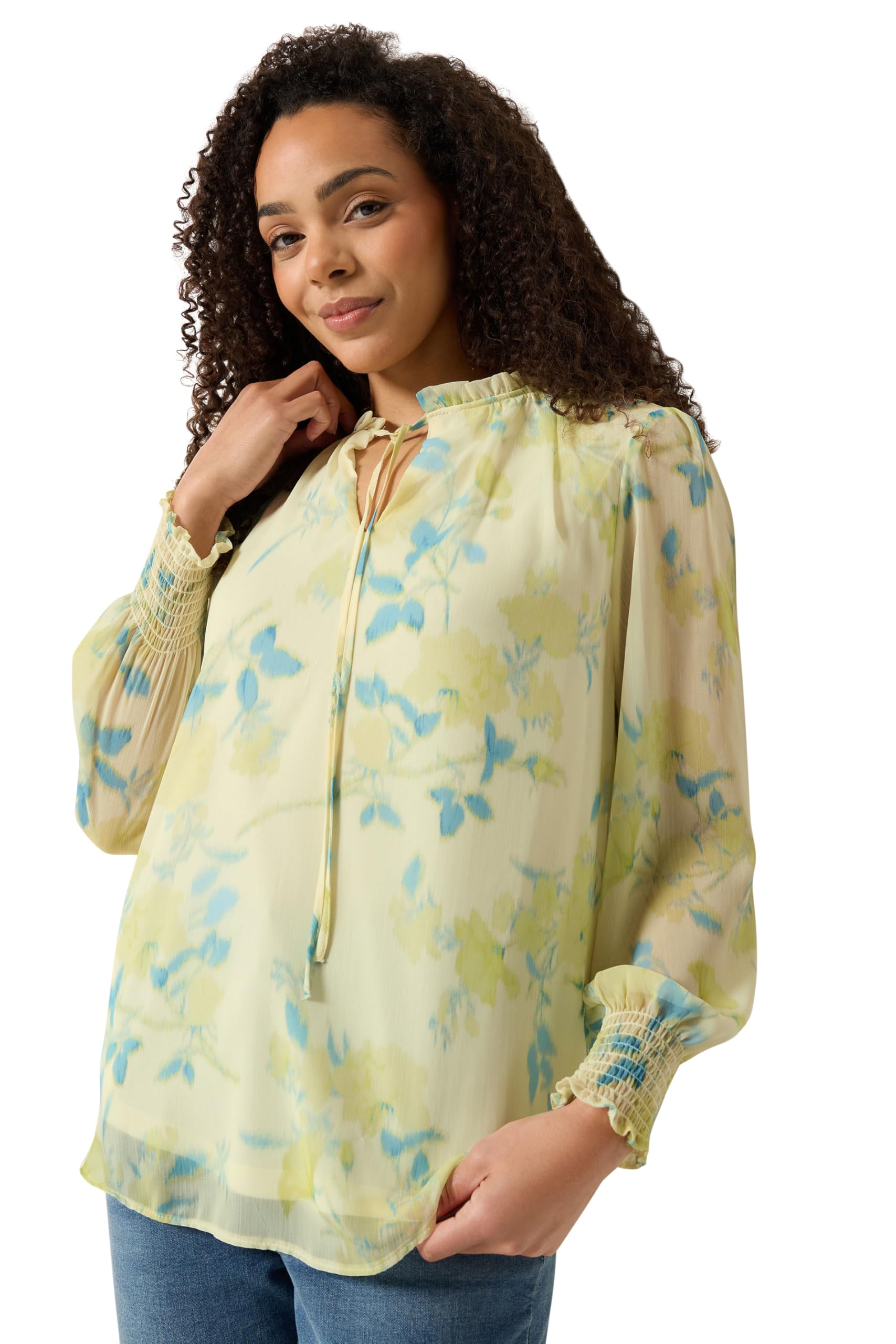 M&Co Women's Yellow Floral Print Tie Neck Blouse