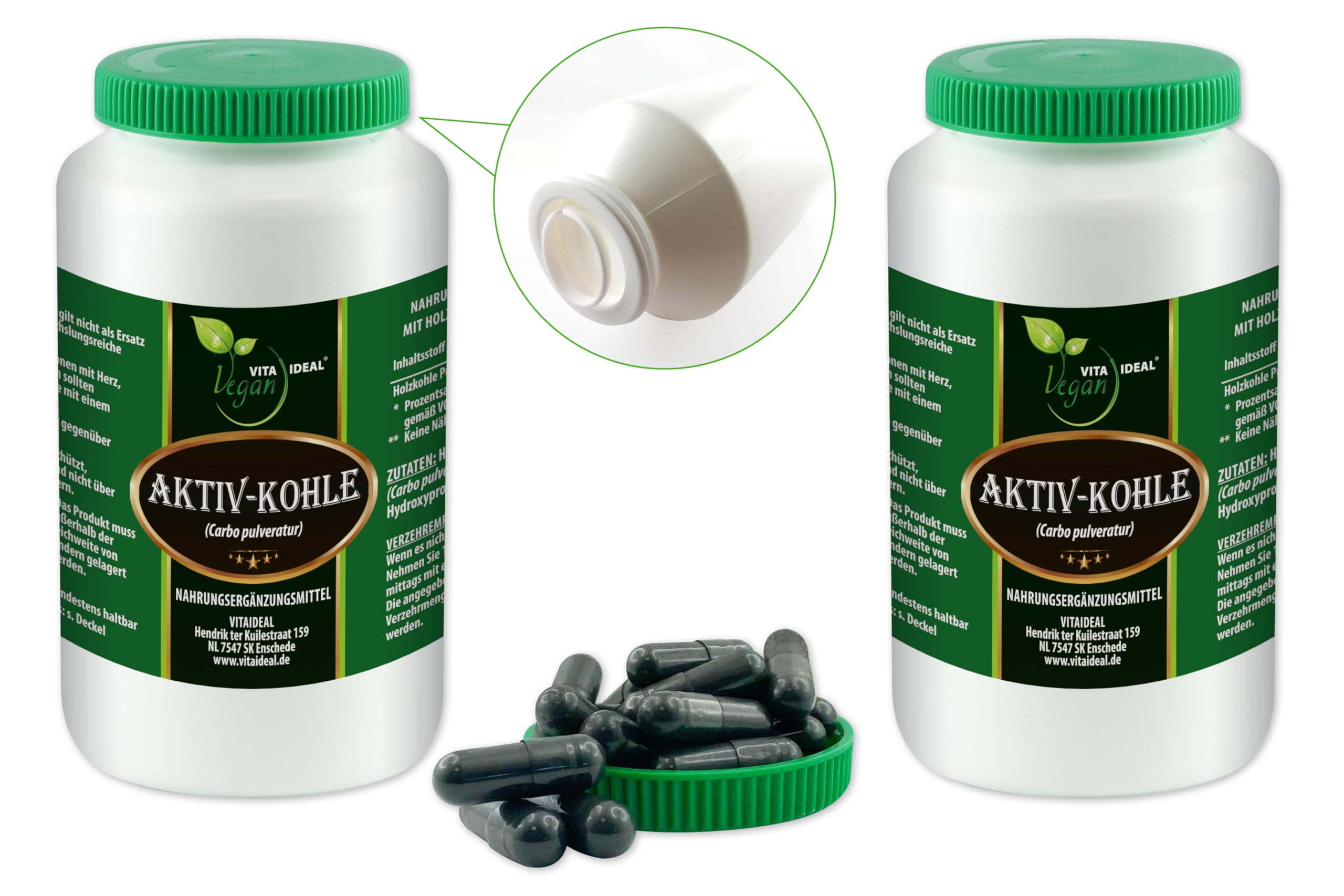 VITA IDEAL Vegan® AKTIV - KOHLE 2x 360 KAPSELN - Carbon, Carbo Ligni pulveratur - pflanzliche AKTIVKOHLE - Tagesportion 640mg Pflanzenkohle reines Pulver. Natürlich, pflanzlich & ohne Zusatzstoffe.