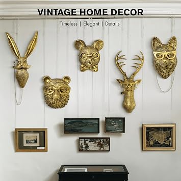 montresor 5 Pack Animals Head Wall Art Sculptures 16 inchs Gold Office Vintage 3D Wall Decor Art for Whimsigoth Home Wall Decor Lightweight Material Accent Wall Hanging Room Decor Maximalist Decor