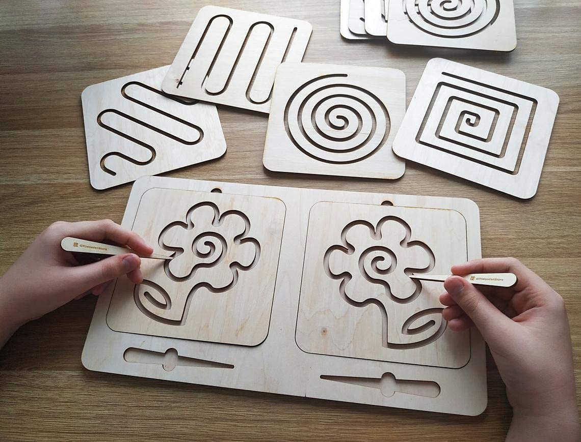Whittlewud Pack Of 1 Montessori Material Wooden Tracing Board, Writing Skills Stencil Set, Interhemispheric Board, Preschool Educational Toy Learning To Write Lines & Shapes - Kids