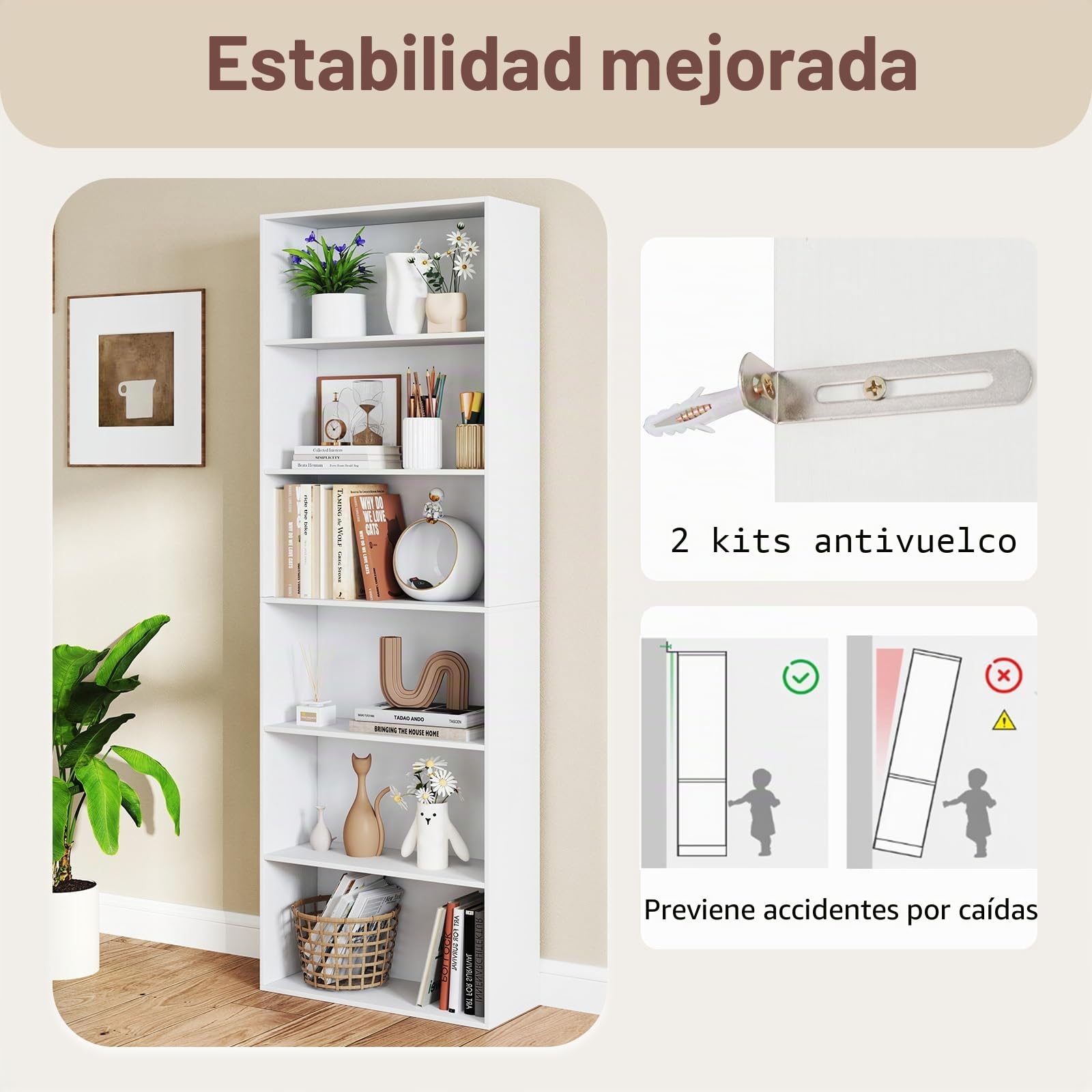 KOMFOTTEU Librería Abierta de 6 Niveles, Estantería para Libros con 2 Kits Antivuelco, Mueble de Almacenamiento de Madera, Armario para Sala de Estar, Oficina, Estudio, 60 x 24 x 178 cm (Blanco)