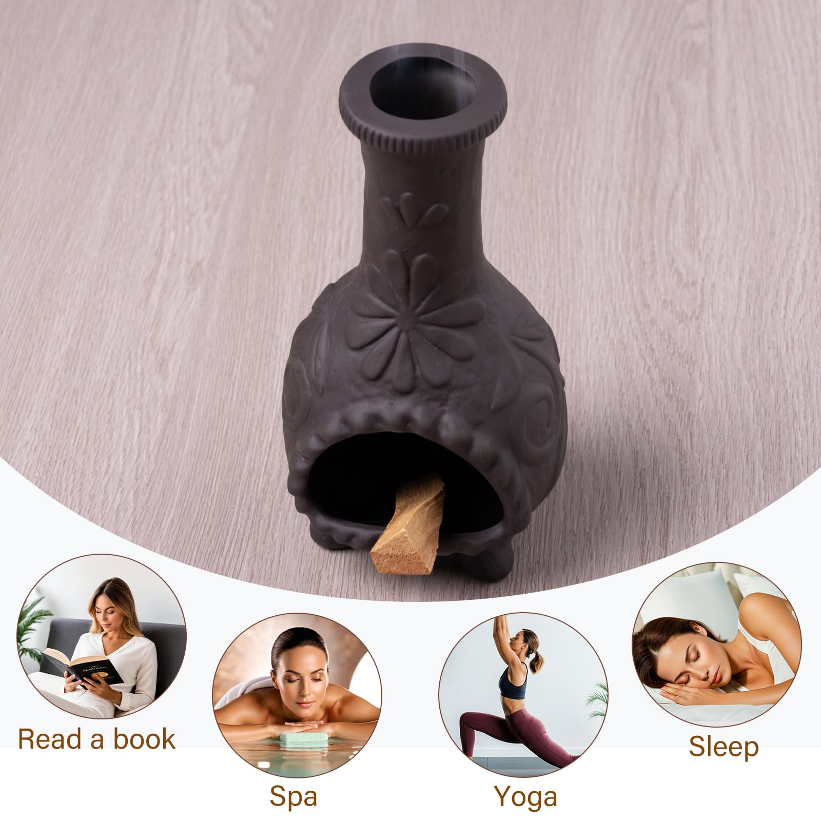 MOUGIGI Elegante soporte de palo santo negro hecho a mano, quemador de cono de incienso y palo con chimenea para salvia, aromaterapia, yoga, meditación y decoración del hogar, regalo único para amigos