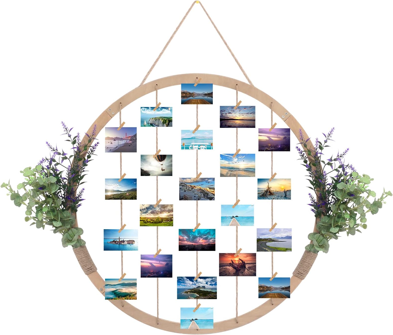 Super Holiday Large Round Wooden Picture Frames, 60CM/23.62" Eucalyptus and Lavender Hanging Display Board Photo Frames Collage Wall Decor, for Spring Summer Mother's Day Christmas Holiday, Gift.