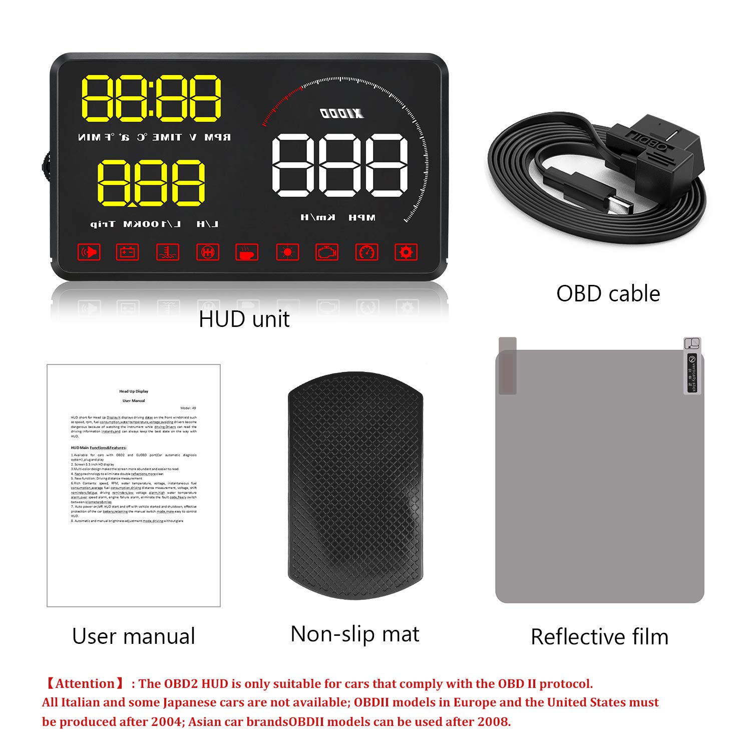 Afficheur HUD pour voiture, Baceyong Car Head-Up Display Projector Digital Speedometer avec écran HD 5,5 pouces Jaune