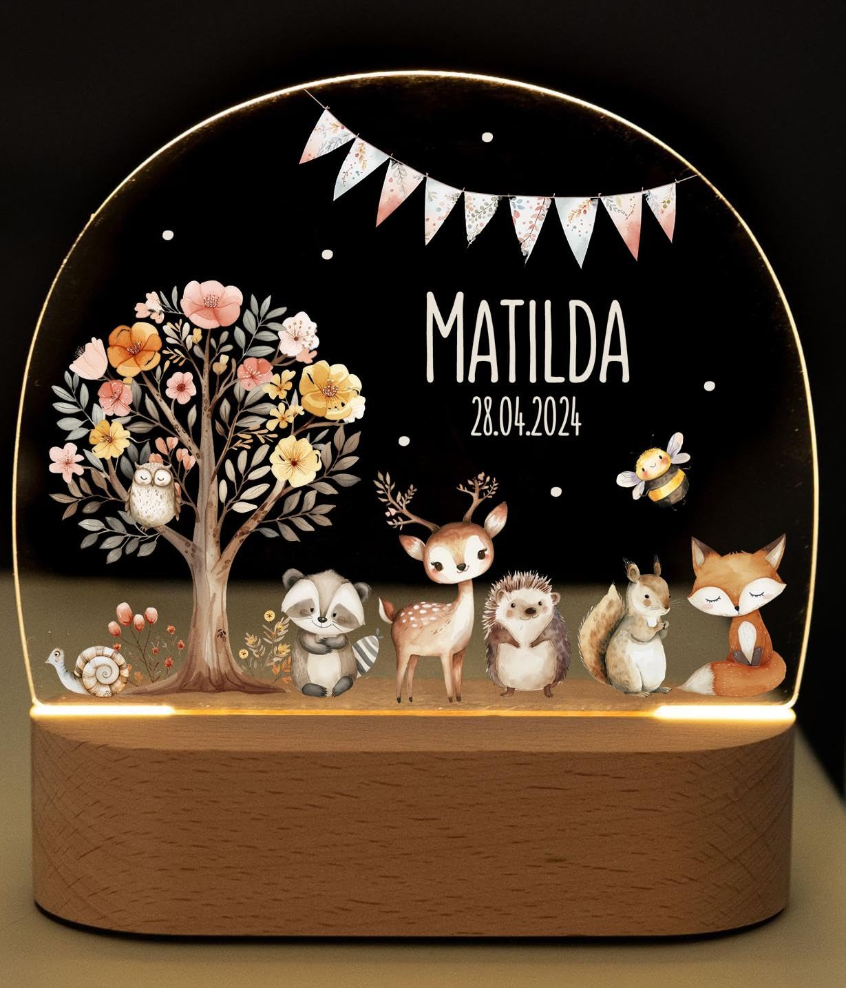 Bärenfreunde® - Personalisiertes Nachtlicht für Babys - Individuelle Nachttischlampe für Kinder - Personalisierte Geschenke Kinder - Babygeschenk - Geschenk zur Geburt (Blumenbaum Tiere)