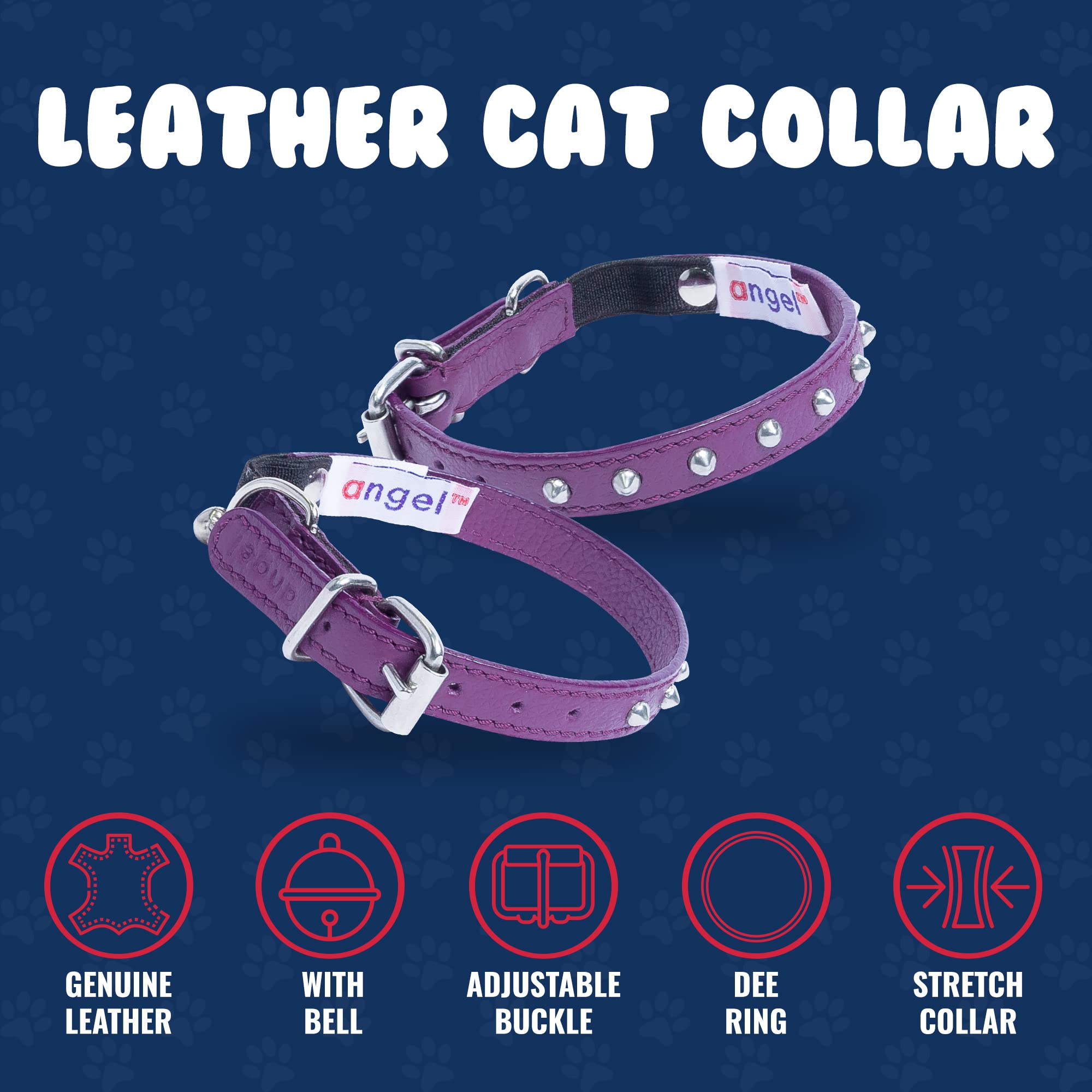 Angel Pet Supplies Inc. Ángel Mascota Suministros Piel Tachonado Collar de Gato con Seguridad elástico Stretch, 12 por 1/2-inch, Morado