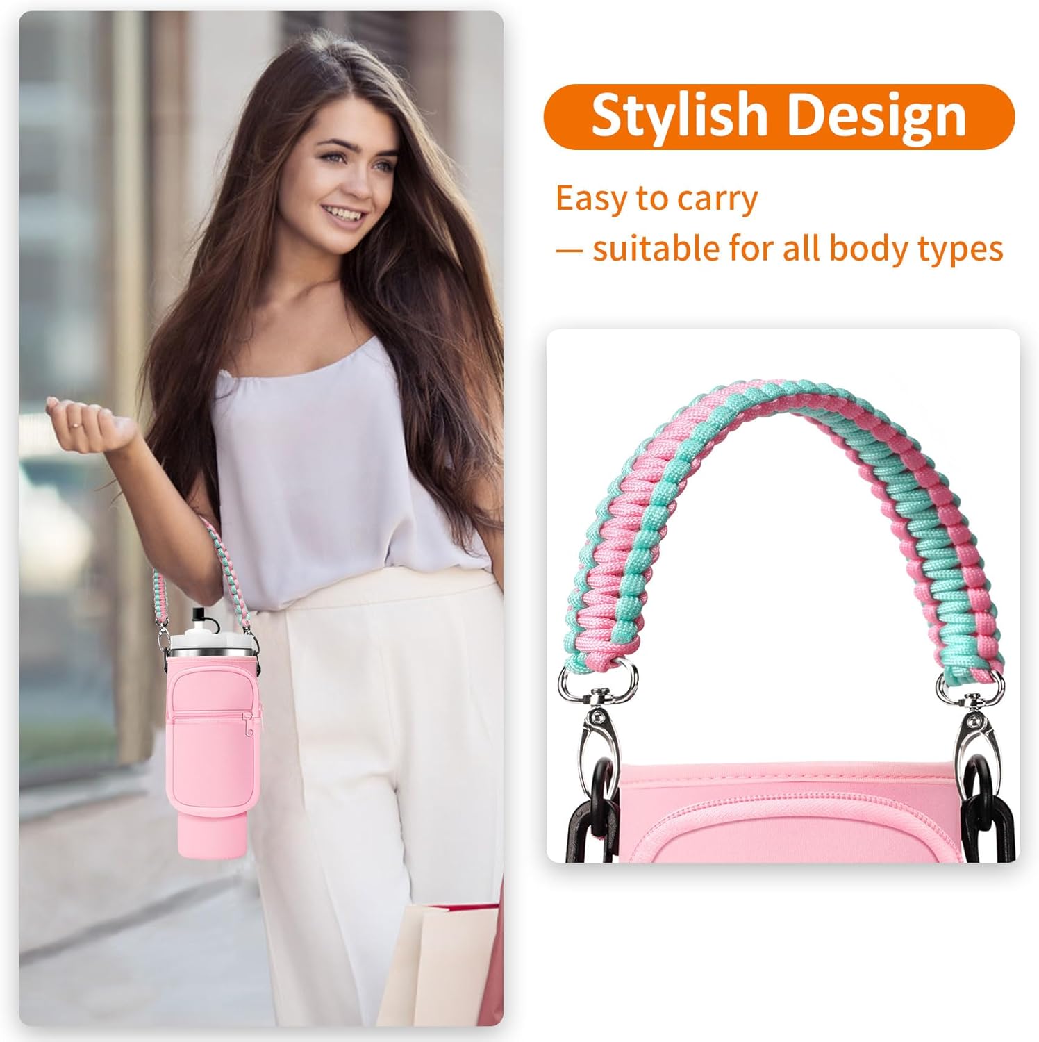 Water Bottle Carrier Bag with Paracord Handle for Stanley 40/30 oz Tumbler Neoprene Insulated Mug Sleeve Pouch with 2 Pockets & Adjustable Strap & Straw Cover for Stanley Cup Accessories - Image 2