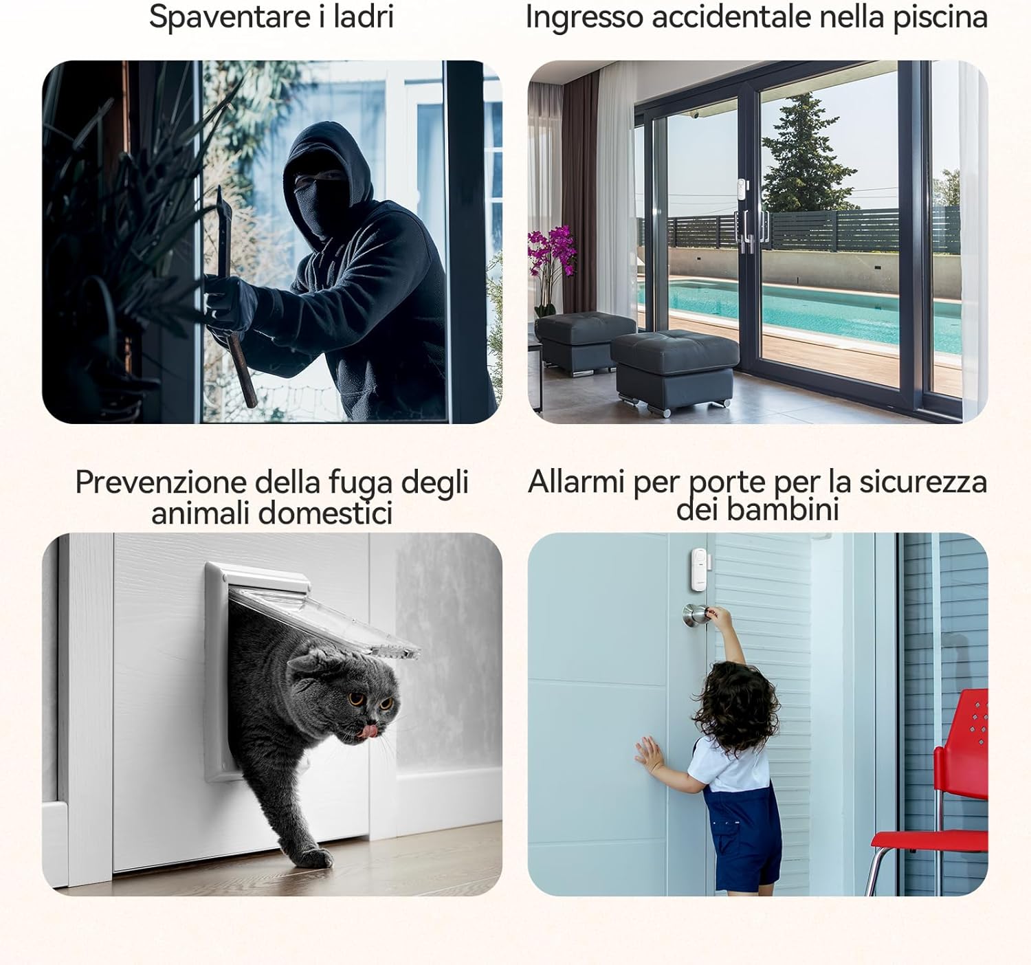 Four-step diagram for easy installation of the TECKNET window alarm