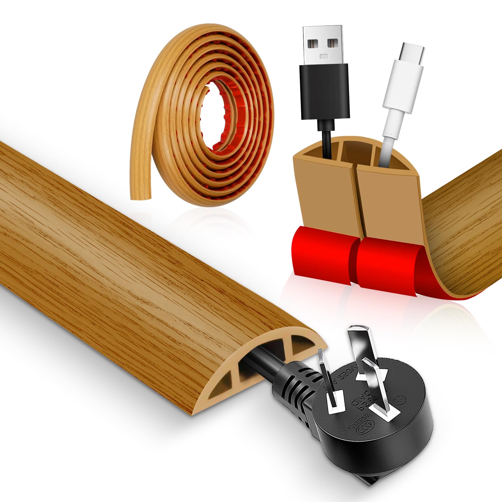 Cache Cable Sol, 3,0M x 3CM Petit Passe Cable Sol Flexible, Goulotte Passe Cable Sol Silicone, Cache Fil Électrique Sol Auto-Adhésif Facile à Couper Montage pour Tous Les Câbles, Grain Bois