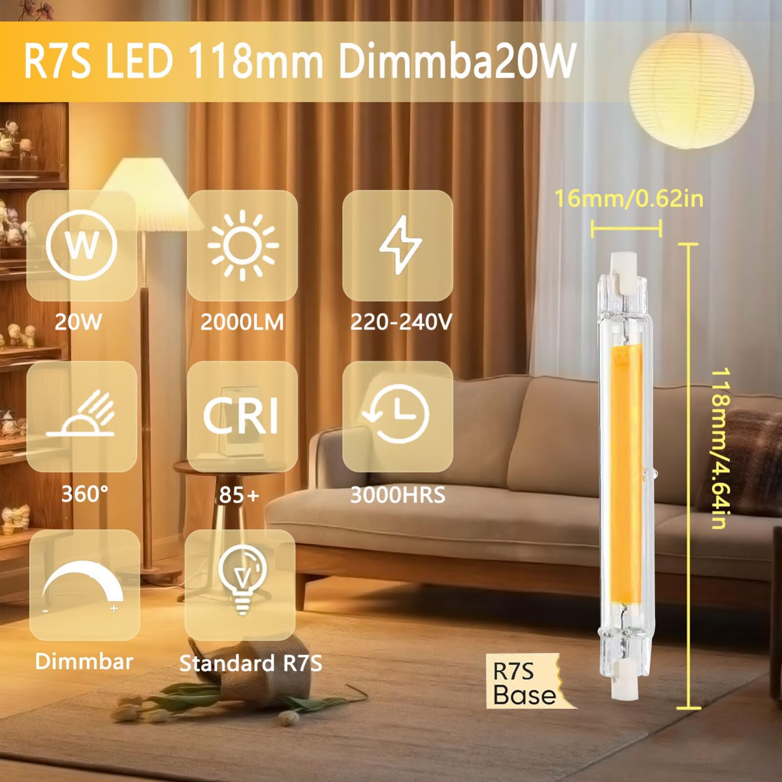 R7S LED 118mm Dimmbar 20W lampen Ersatz für 200W Halogen Leuchtmittel | 2000LM 6000K Kaltweiß, CRI≥85, 360° Abstrahlwinkel, Hightlight Birne für Strahler Deckenfluter Außenleuchten, 6er Pack