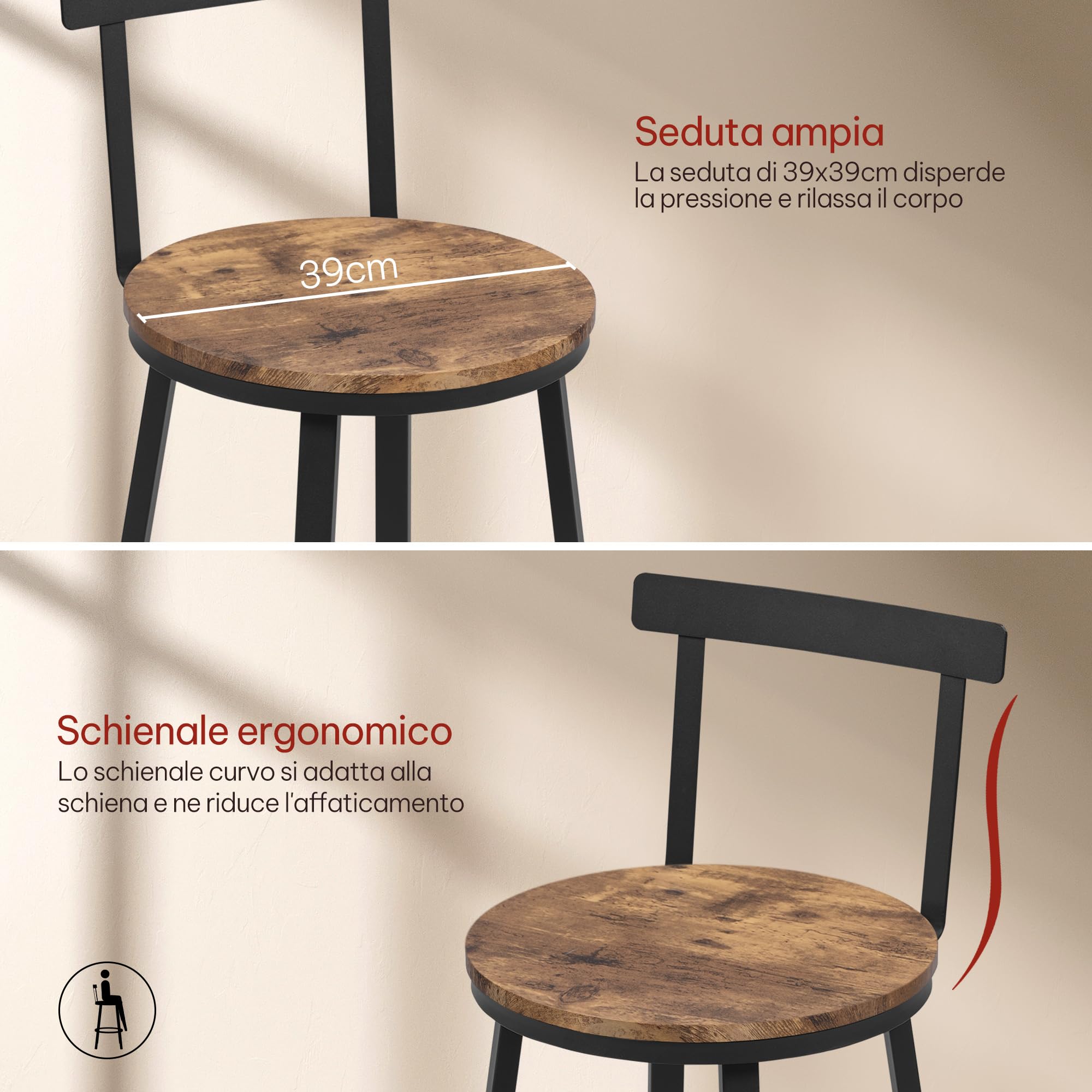 WOLTU Sgabelli Cucina Set di 2, Sgabelli da Bar per Colazione, con Poggiapiedi e Schienale, Struttura in Metallo, Marrone Rustico