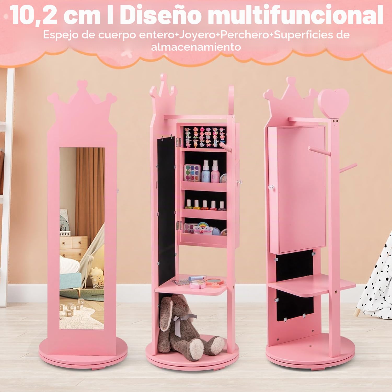 FANTASK Armario para joyas para niños giratorio 360°, armario con espejo 4 en 1 con espejo de cuerpo entero y perchero, organizador de joyas para niñas en rosa, soporte para joyas para niños a partir