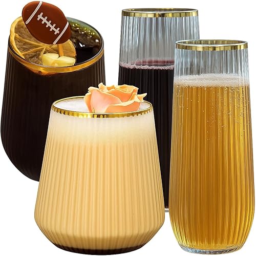 Paquete de 48 vasos de plástico ondulados de origami acanalados, 24 copas de champán de 9 onzas sin tallo y 24 vasos de 12 onzas, vasos desechables