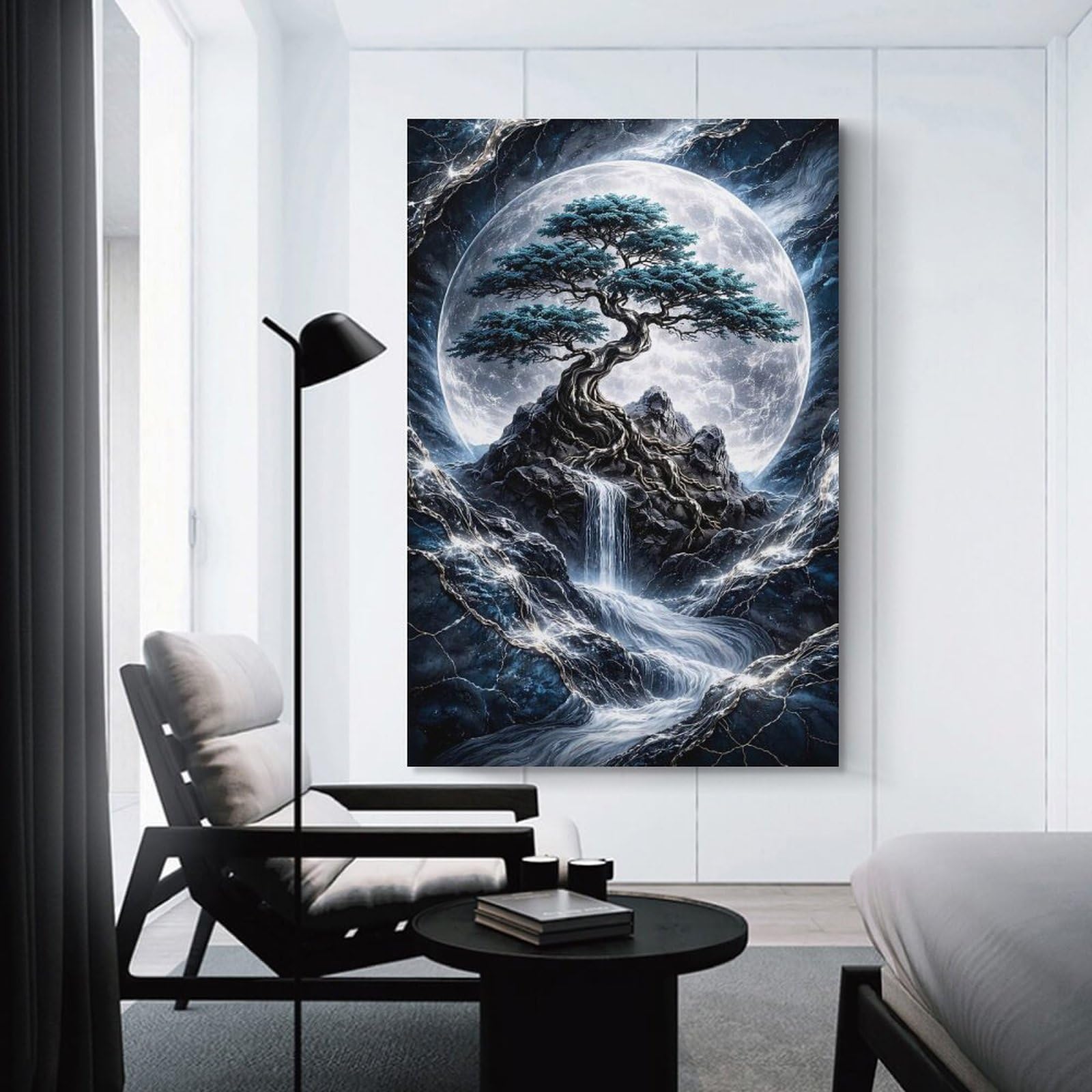 Junmoney Hanging Wall Art Enchanted Moonlit Bonsai Waterfall, 24x36inch(60x90cm), for Living Room, Bedroom Or Apartment Walls, Decorative Artwork for Empty Walls