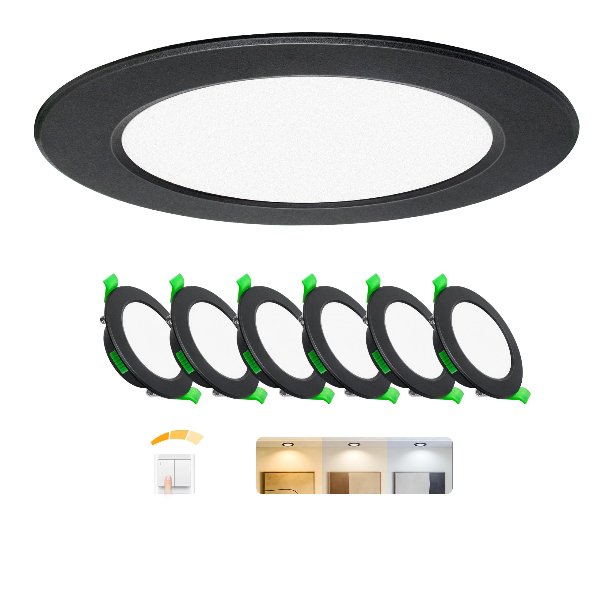 Spot LED Encastrable Dimmable Noir - IP44 Spots de plafond extra plats - 6W, 2700K/4000K/6000K, éclairage LED pour salle de bain, salon et cuisine, Ø 75-90mm, Lot de 6