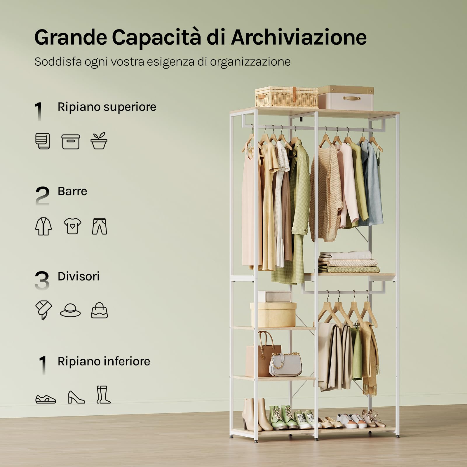 WOLTU Porta Abiti in MDF e Acciaio, Appendiabiti con Scaffali, Attaccapanni Moderno, Guardaroba Armadio Bianco 90x40x204,5 cm