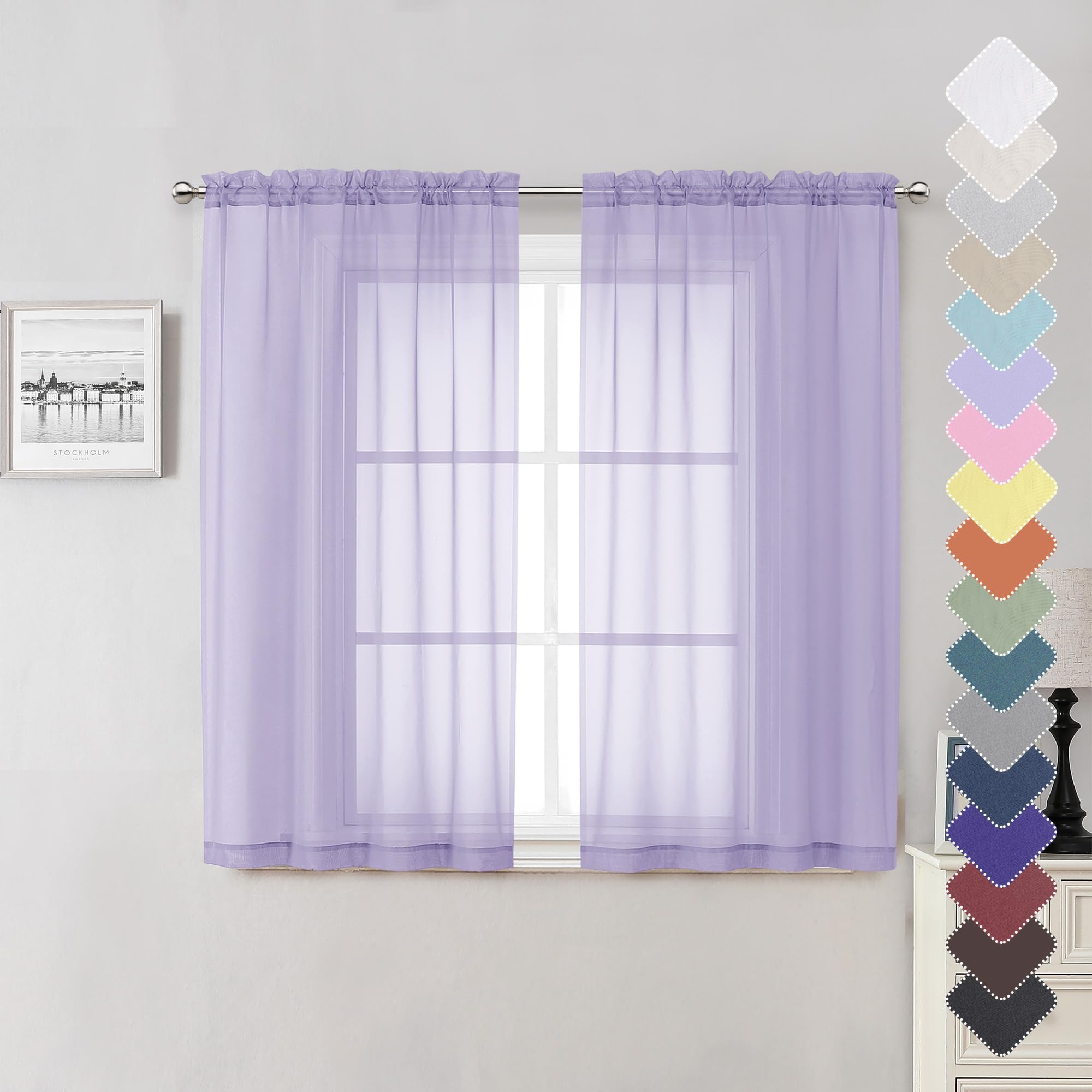 Lecloud Girls Lavender Sheer Kitchen Curtains 54 Inch Length 2 Panels, Double Rod Pockets Window Living Room Light Purple Curtain, Balance Light & Privacy Solid Voile Bedroom Drapes, 40W X 54L