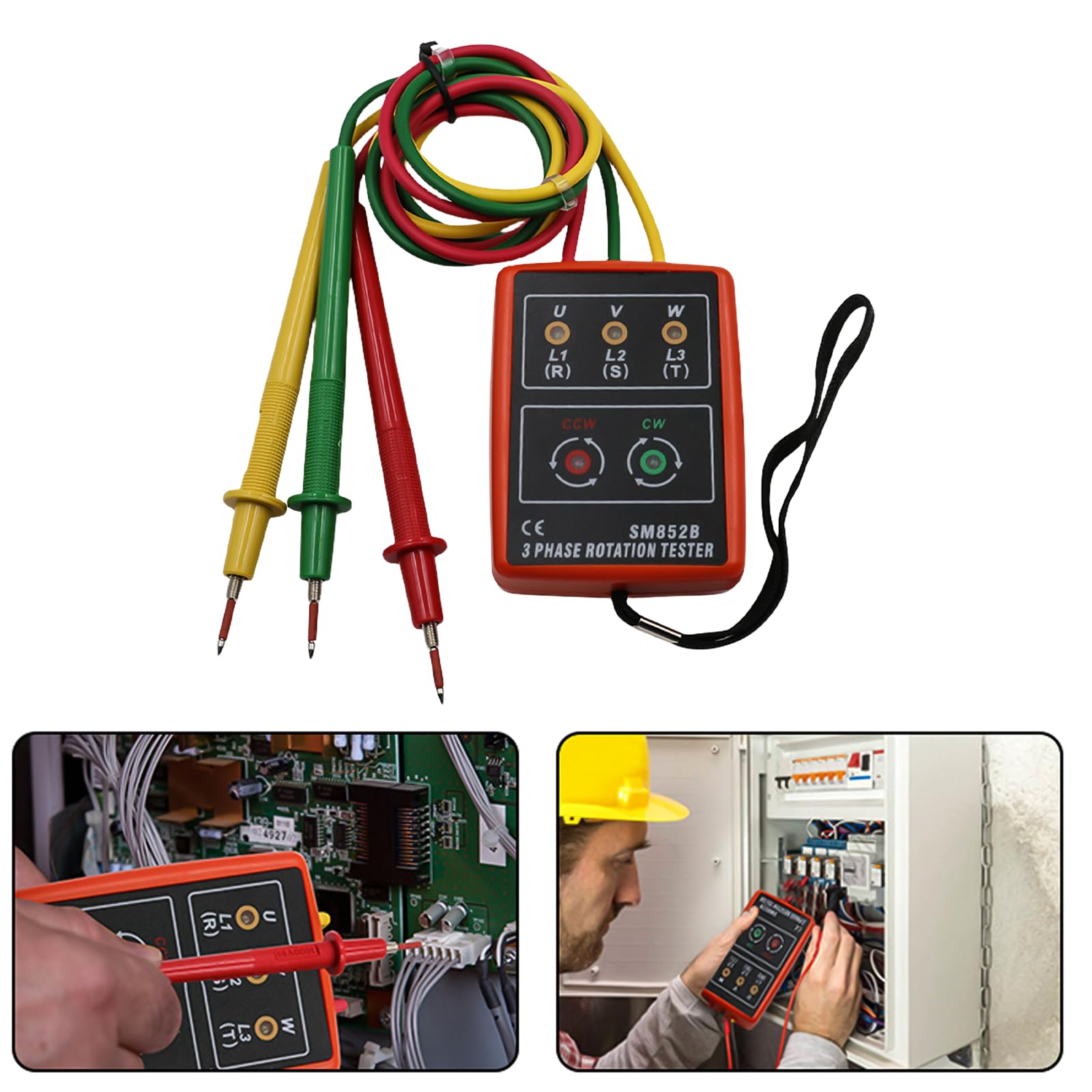 Testeur de phase portable à 3 phases : compteur de champ rotatif AC 60 V ~ 600 V, testeur de rotation à 3 phases, testeur de tension avec buzzer et pinces crocodiles pour appareils de haute