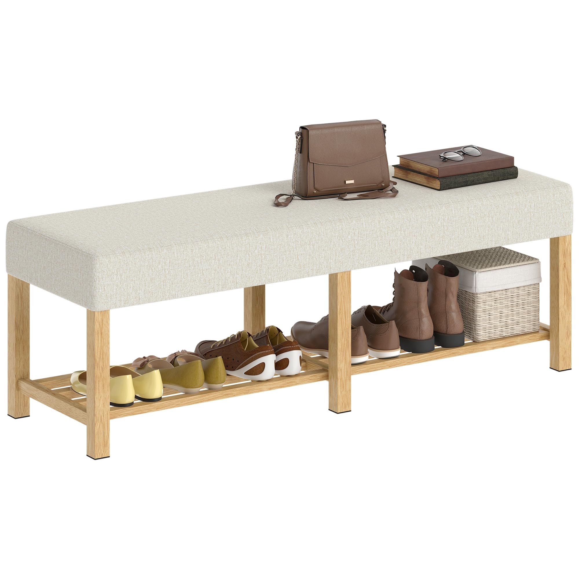 HOMCOM Banco Zapatero Banco Recibidor 140x44x48 cm Crema y Madera Natural | Asiento Acolchado para 2 Personas, Estante Abierto, Marco de Madera, para Entrada Pasillo Salón