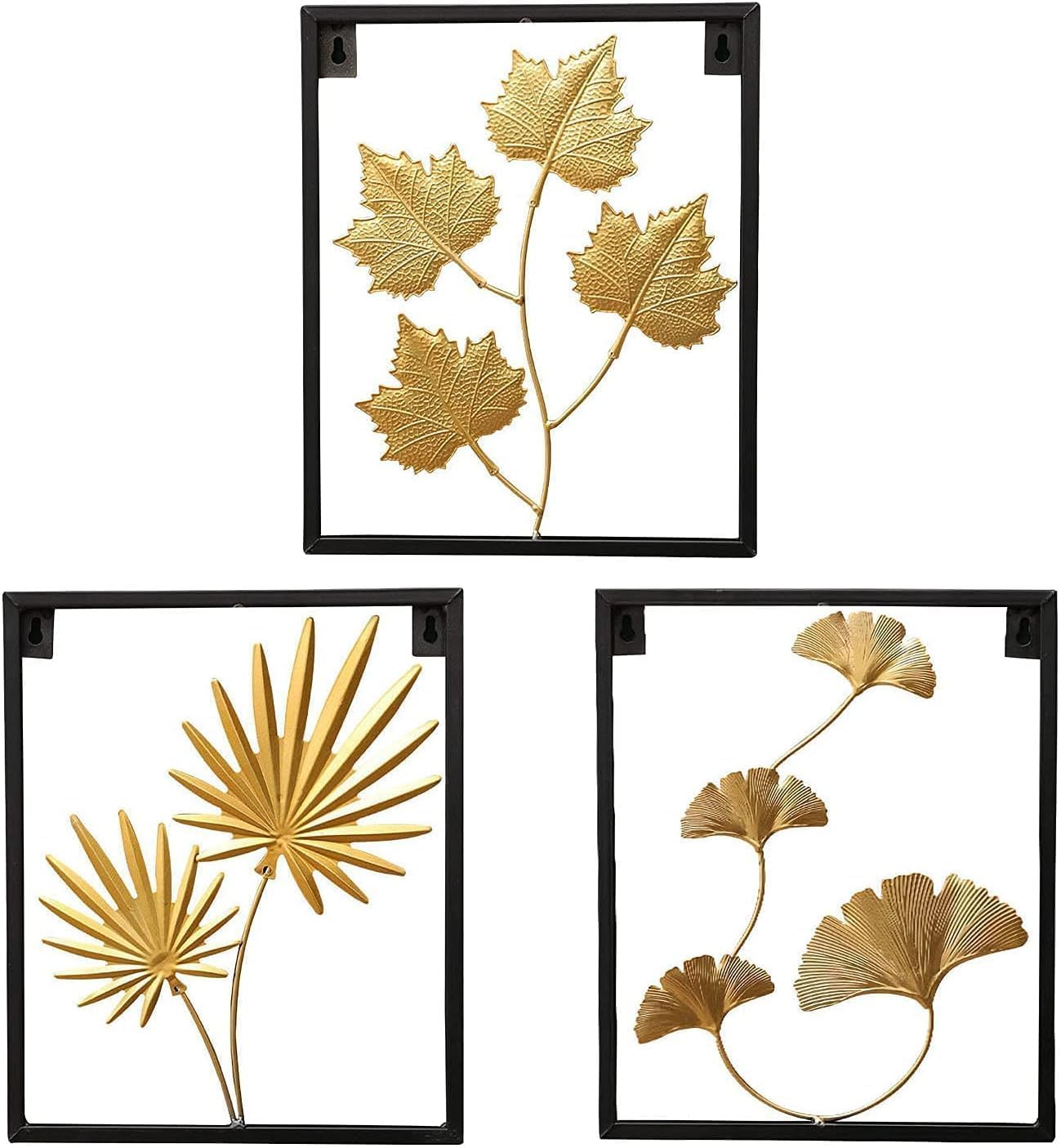 Juflix Art Decor Creativity Wrought Iron Leaf Wall Hanging Pack of 3 Metal Leaf Wall Decor with Black Frame Vintage Metal Wall Art Background Wall Sculptures for Home Bedroom || Pack of 3