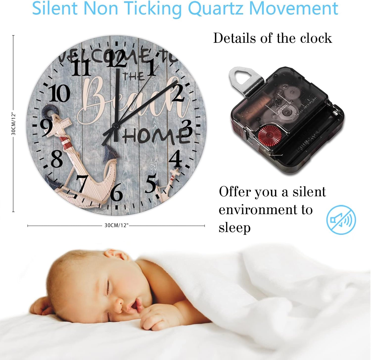 12 Inch Welcome to The Beach Home Wood Clock Battery Operated Nautical Themed Wooden Hanging Clock Arabic Numeral Round Clock for Bathroom Kitchen Living Room Bedroom