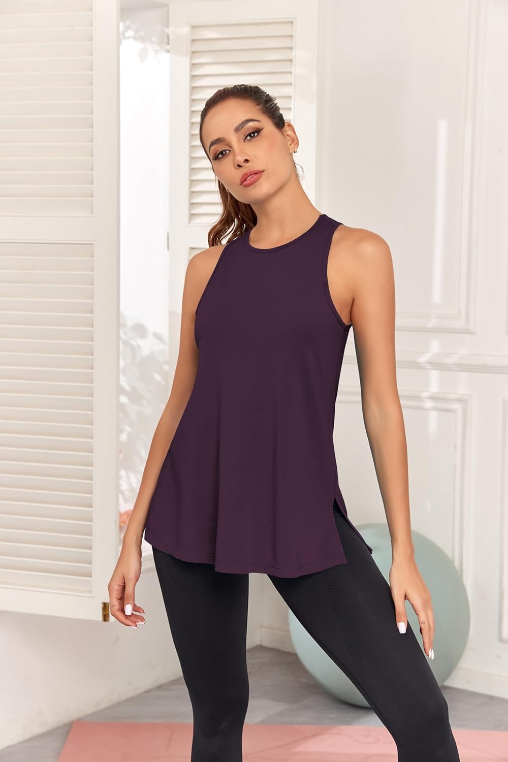 TAIPOVE Pima Cotton Womens Racerback High Neck Tank Top Workout Yoga Shirt Side Slit Sleeveless Flowy Basic Layer - Image 4