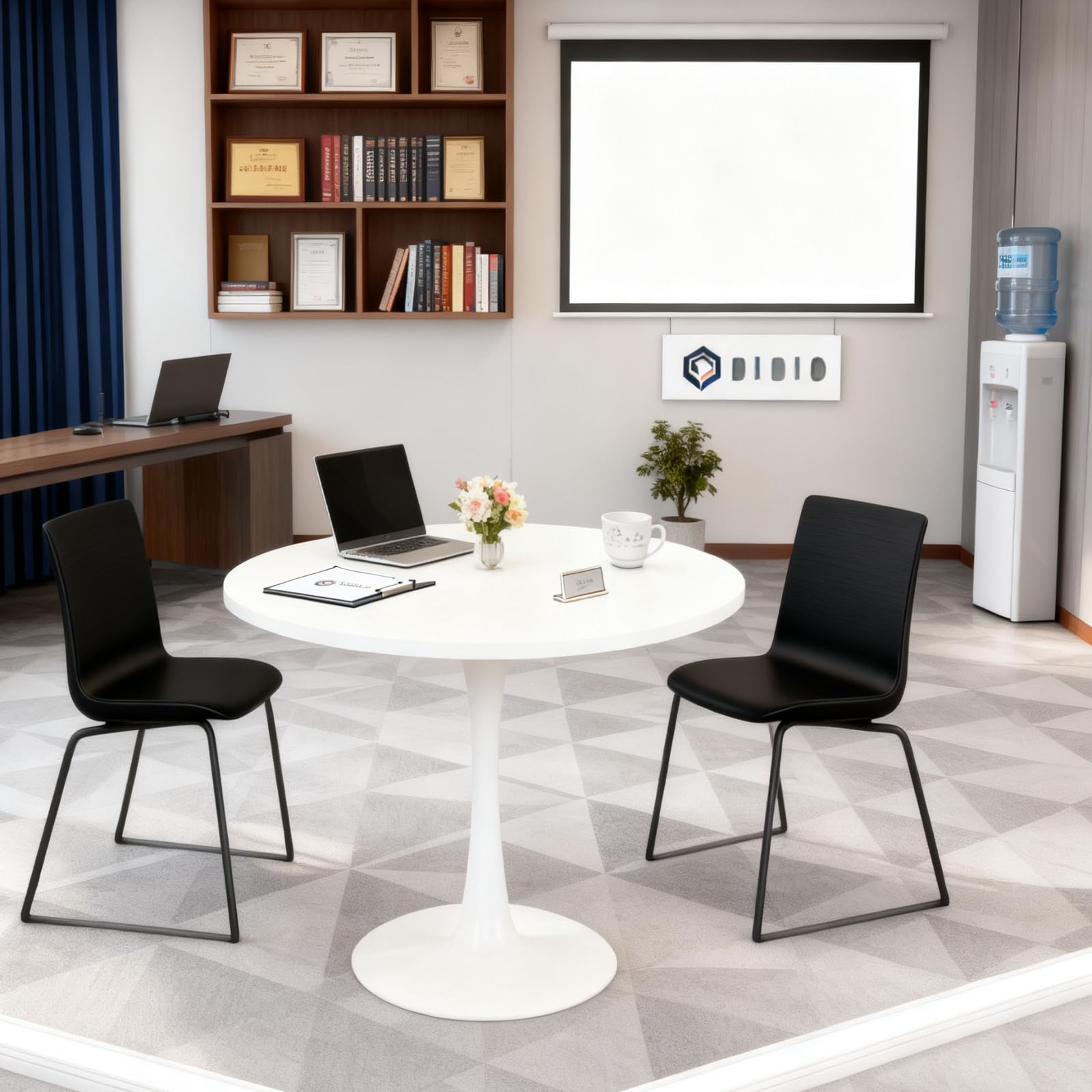 Konferenztisch, rund, weiß, minimalistisch, aus Verbundholz und Metall, bietet Platz für 2 bis 4 Personen für Meetings in kleinen Gruppen und Projektgespräche im Büro