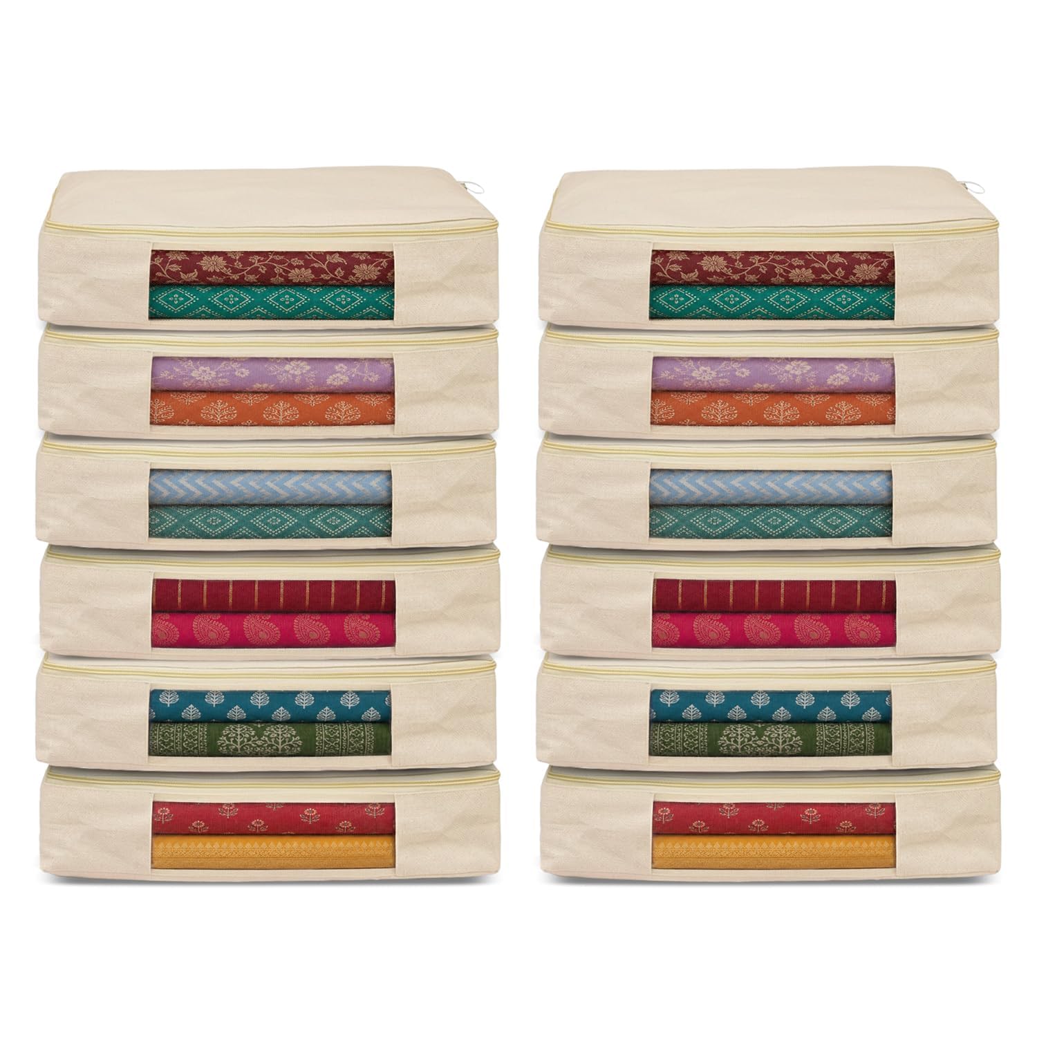 Cotton Saree Covers/Storage Bags with Zip Cover/Space Saving Bag with Transparent Window/Wardrobe & Cupboard Organizer for Clothes/Bedsheets/Lehengas (16 x 13 x 3 Inch/Off White) 12 PCS-image-39