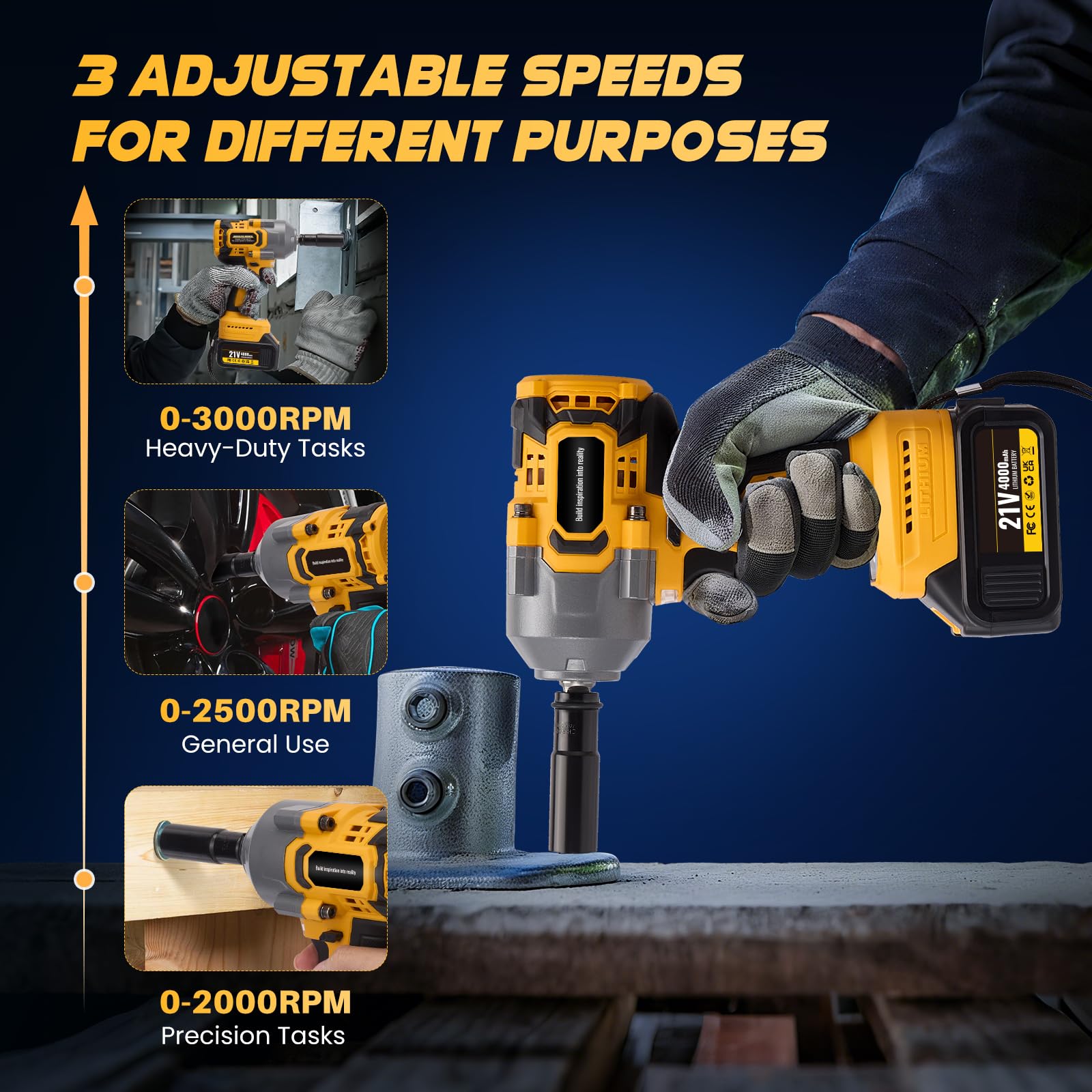 1200NM 1/2'' pistola de impacto bateria 21V 3000RPM atornillador de impacto 2X 4.0Ah batería llave de impacto de alto par Nivel de 3 velocidades para coches, DIY, autocaravanas,cortacéspedes