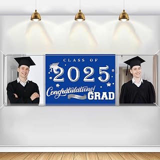Custom Photo Graduation Banner 2025 Personalized, Then & Now Your Own School Colors, Message Class of 2025 Banner, Outdoor Graduation Decor with 2Photos(Navy Blue)