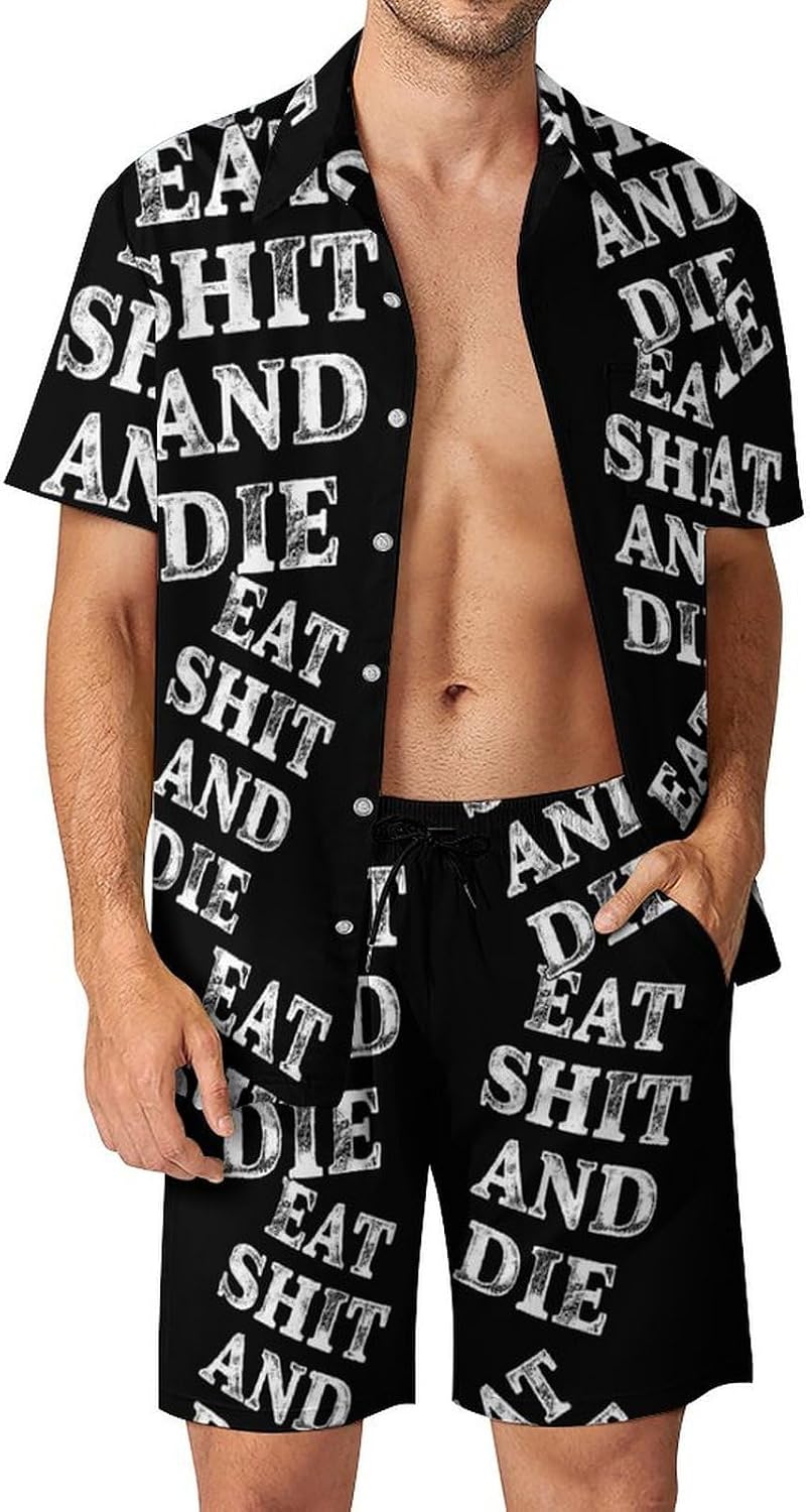 Eat Shit And Die Men's Summer Beach 2 Piece Outfits | hawaiian button down shirt and shorts,vacation cruise,mens bathing suit