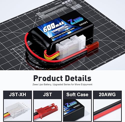 Miniatura 3 de Zeee 3S Lipo Batería 600mAh 11.1V 50C con enchufe JST para FPV Racing Drone Quadcopter Helicóptero Avión RC Barco RC Car RC Modelos (2 unidades)