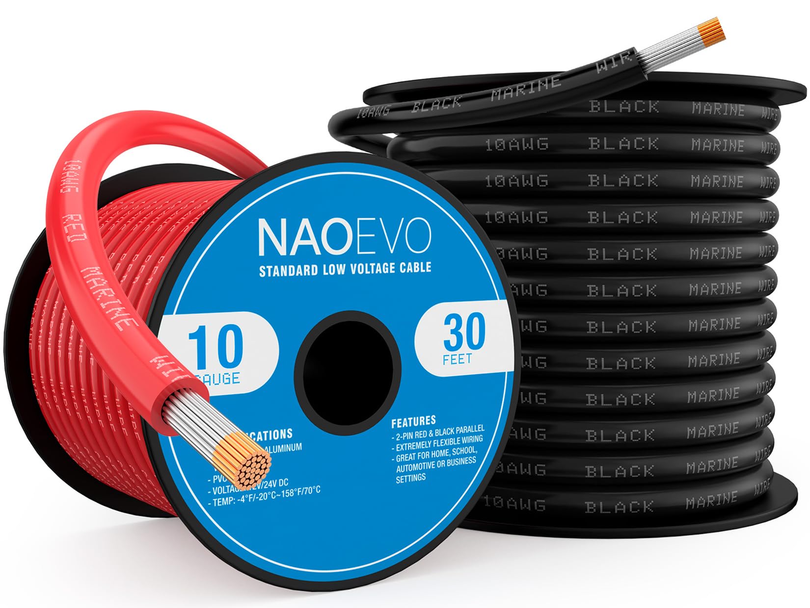 NAOEVO 10 Gauge Marine Wire, 10 AWG Tinned Copper PVC Marine Grade Wire, IP68 Waterproof/Corrosion-Resistant Electrical Cable for Boat, RV, Automotive, Solar, Trolling Motor (30 ft Black + 30 ft Red)