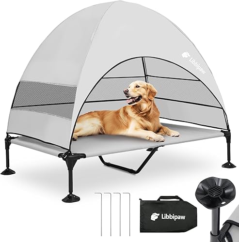 Cama elevada para perros resistente al viento con toldo y estacas, 3 lados 90% bloqueo UV, alfombrilla de malla Teslin a prueba de mordeduras para