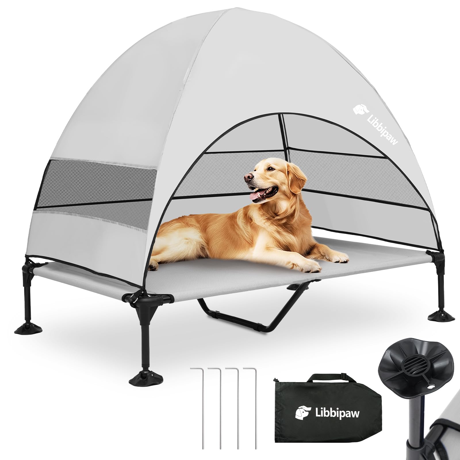 Libbipaw Windproof Elevated Dog Bed with Canopy & Stakes, 3-Sided 90% UV Block, Chew-Proof Teslin Mesh Mat for Large Dogs up to 150lbs(Grey X-Large)