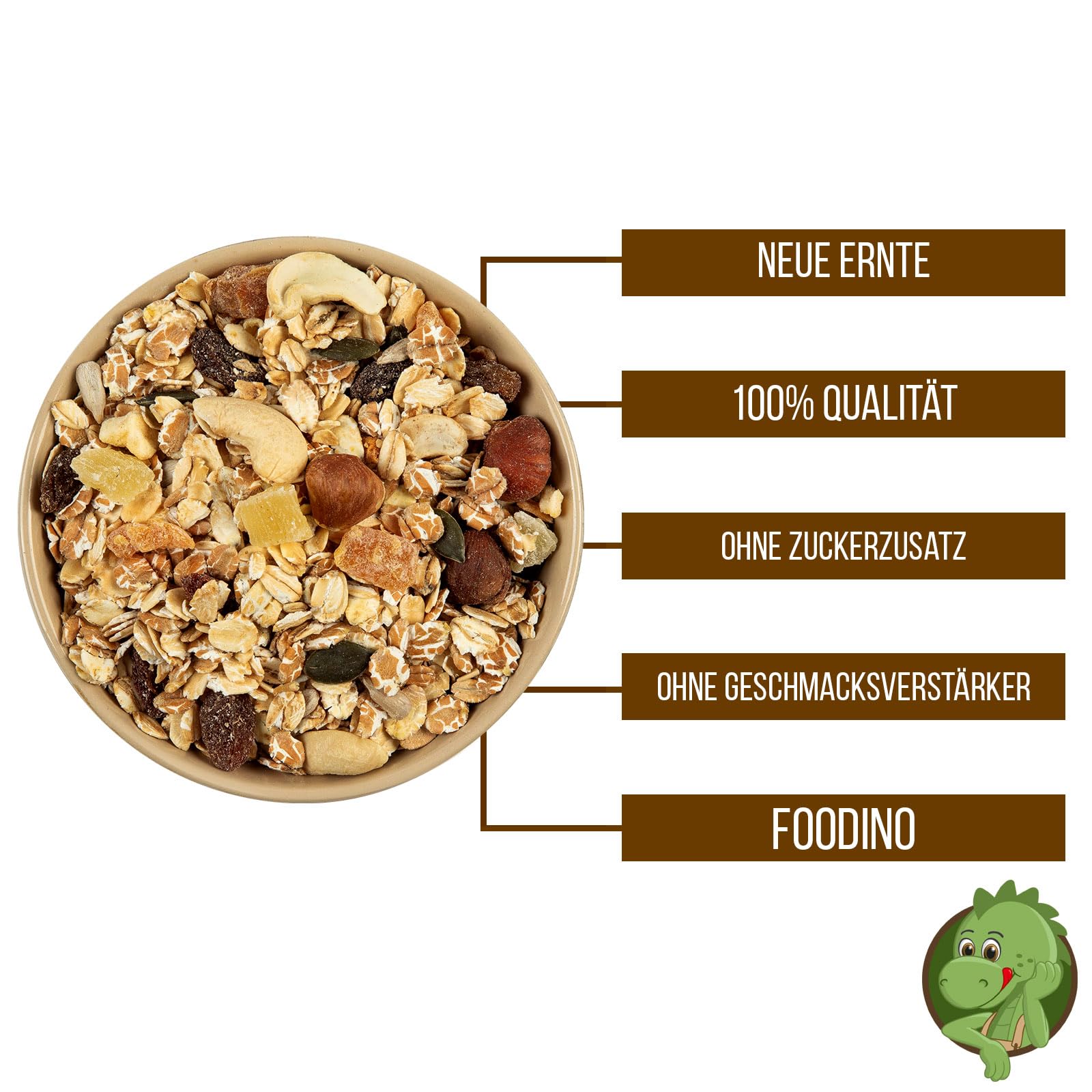 Frucht- & Nuss Müsli 1kg - mit Hafer- & Gerstenflocken, Weizen, Haselnüsse, Mandeln, Cashewkerne, Rosinen, Aprikosen, Ananas, Apfel, Kürbiskerne & Sonnenblumenkerne - Foodino (1kg - 5kg) (5kg)