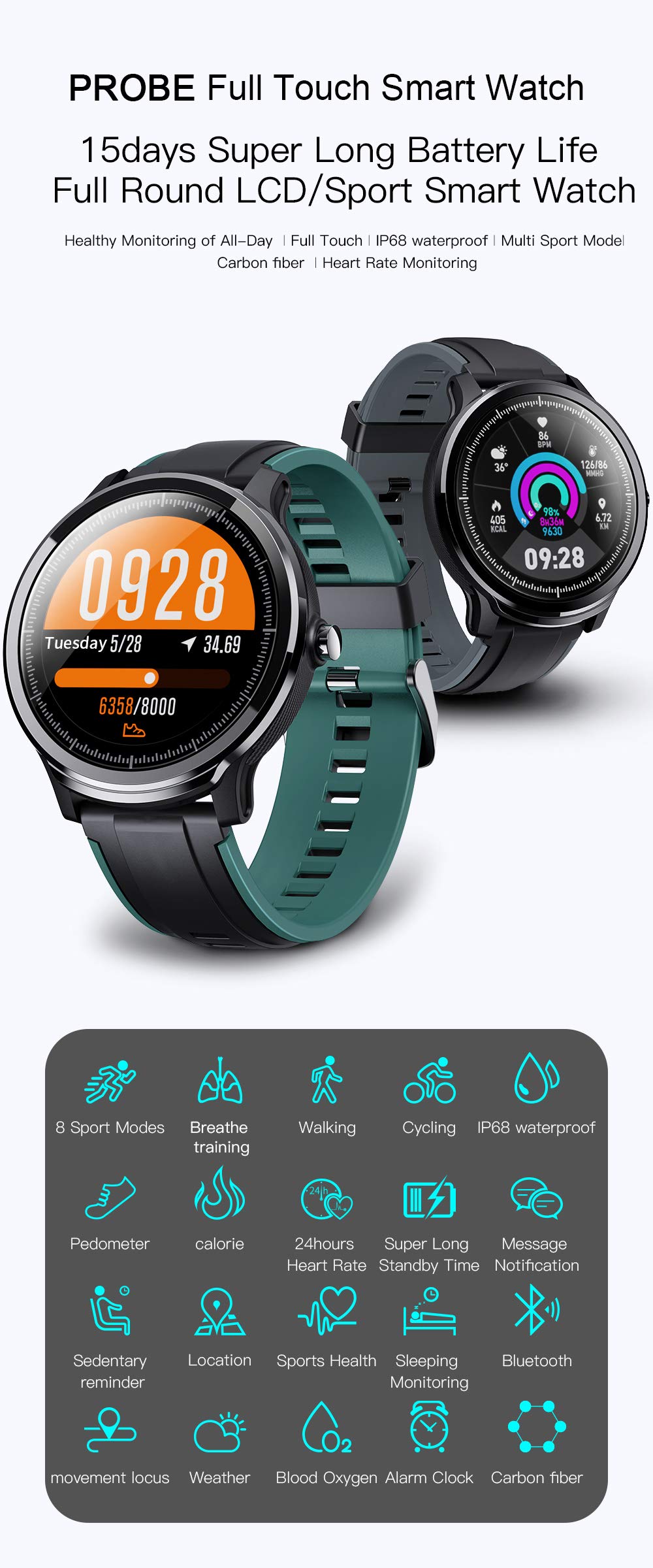 IP68 full waterproof] kospet Probe sports smart watch fitness tracker,  1.3-inch full touch health sleep monitor, Bluetooth smart connection watch,  compatible with Android / iOS, [Premiums strap 1] : Amazon.com.au:  Electronics
