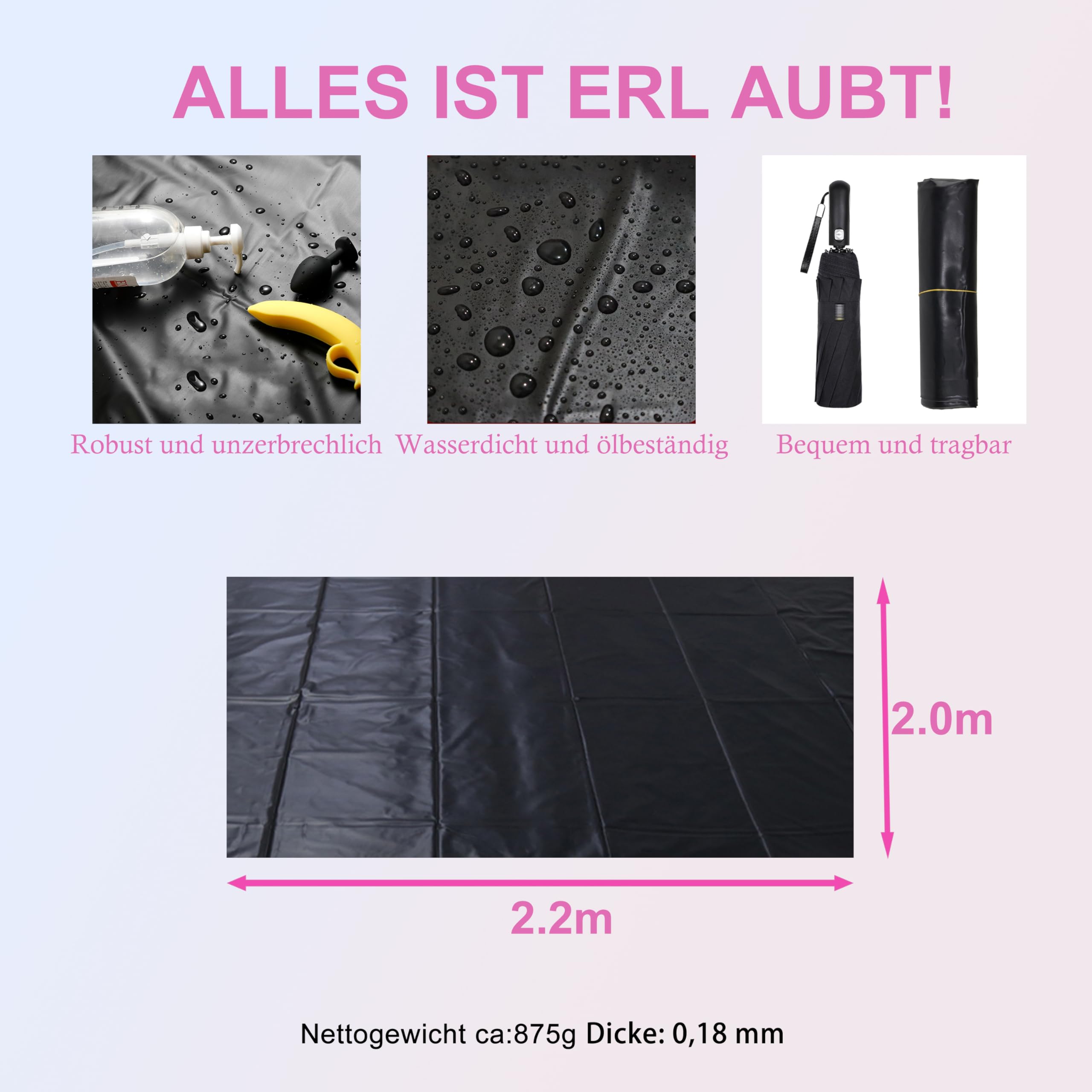 WHL Drap érotique imperméable pour Couple, 220 x 200 cm, Couverture d'amour Imperméable pour Le Sexe Lavable Drap en Latex (Noir)