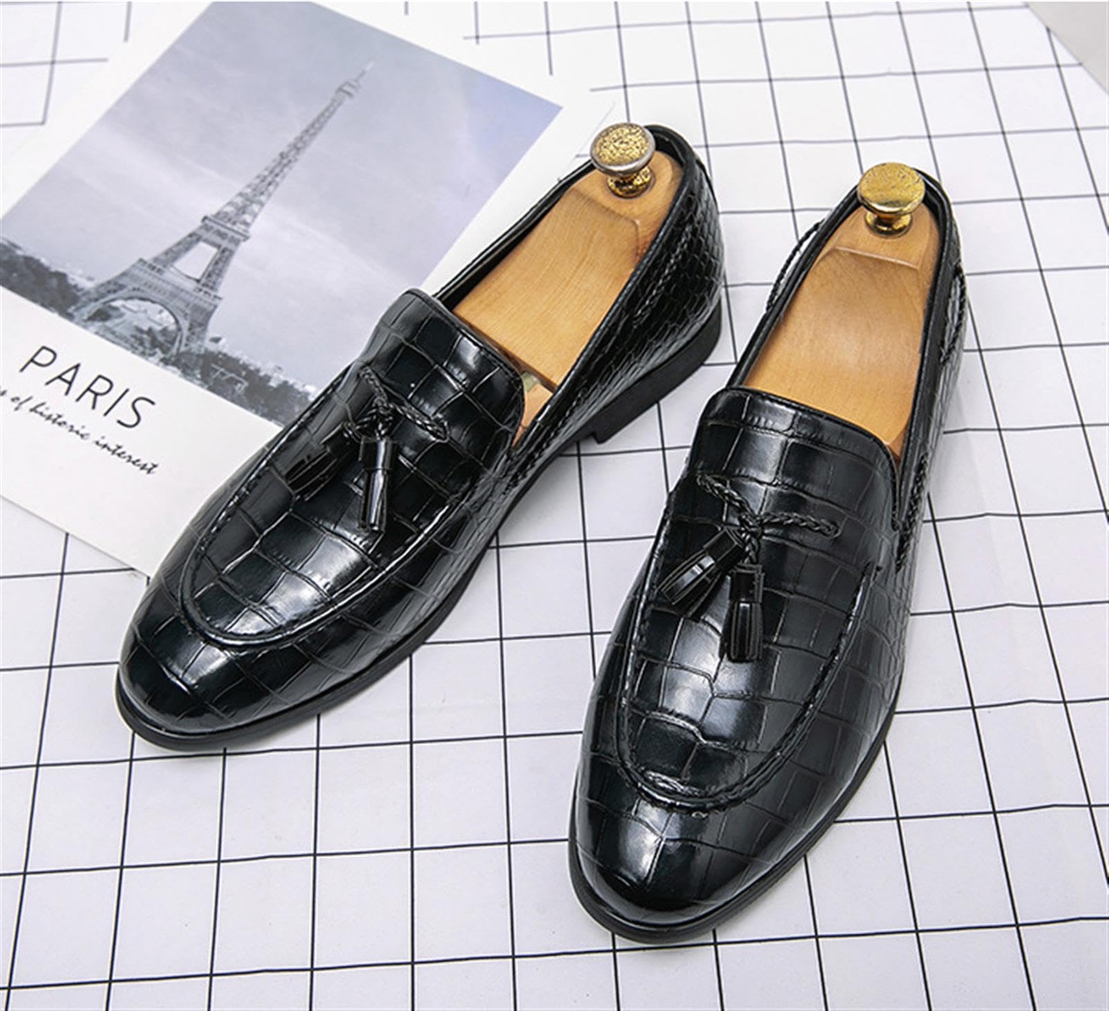 Mocasines Hombre Estampado Cocodrilo con Borlas Zapatos Vestir Piel Sin Cordones Formal Boda Oficina Negocios