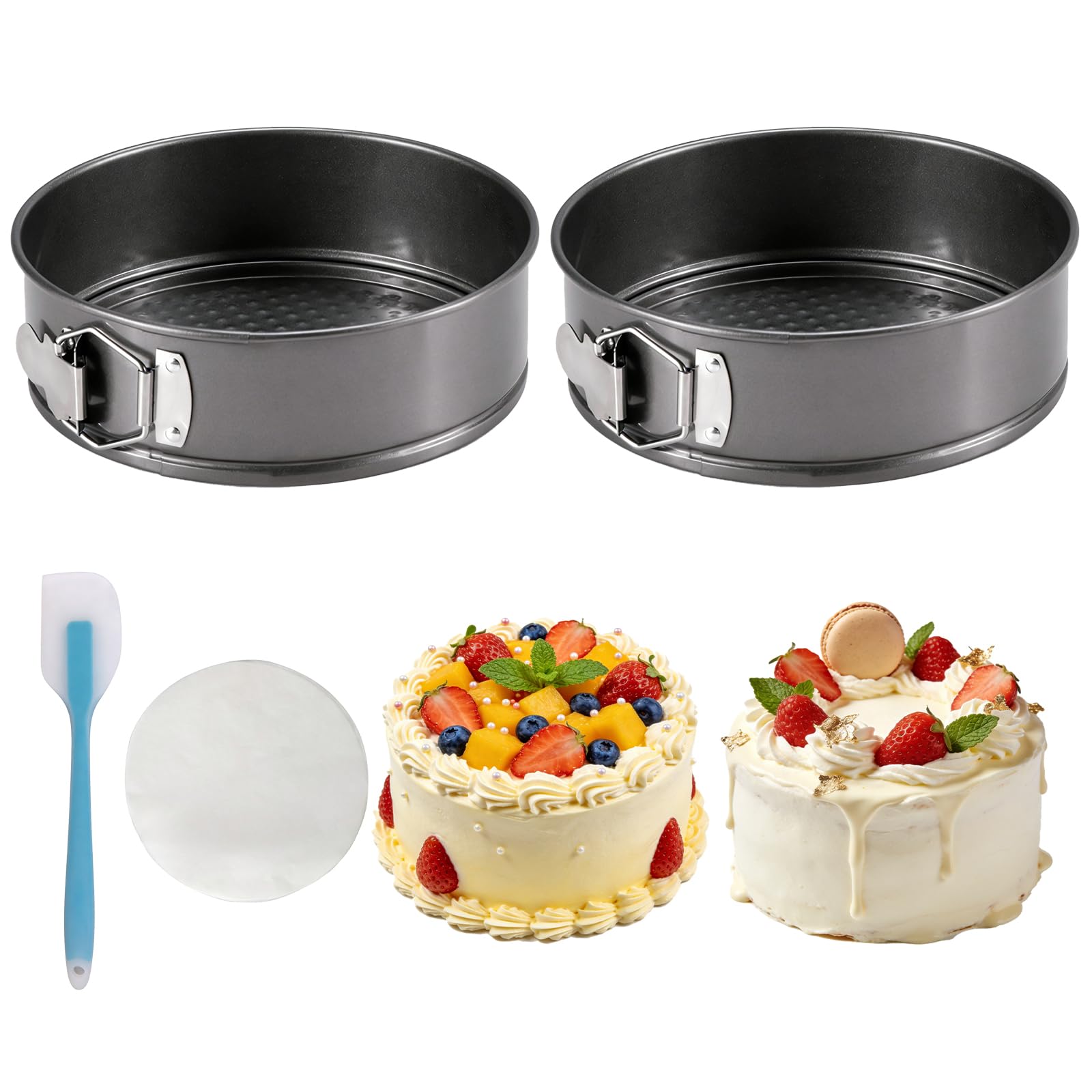 YDAKGUEY 53 Pcs Cake Tin, 2 Pcs Springform Cake Tin for Baking with 50 Parchment Liners & Silicone Spatula, Cheesecake Tins with Loose Base for Restaurants, Home and Kitchen Baking(18CM)