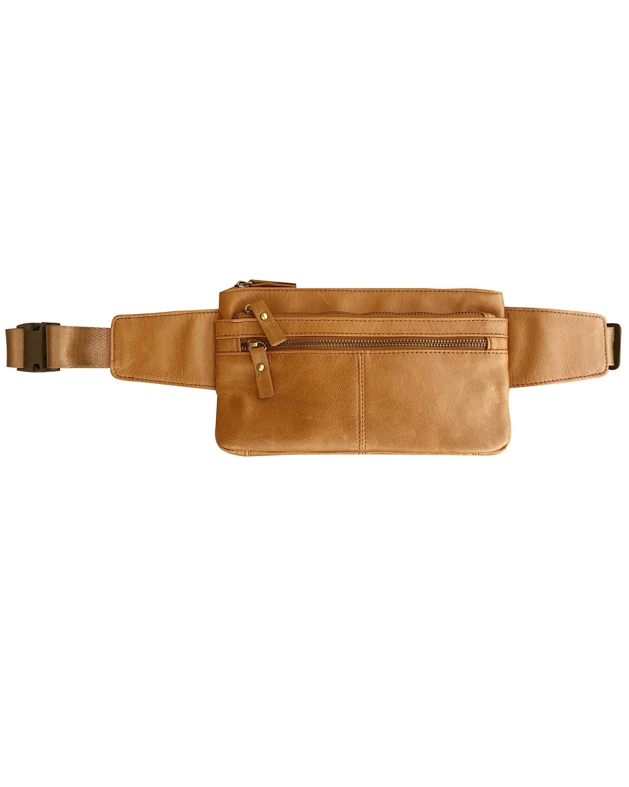 Roma Leathers Vintage Leather Fanny Pack - Premium Light Brown Cowhide Leather Waist Pack - Adjustable Waist Strap - Multi Pocket Belt Bag - Designed