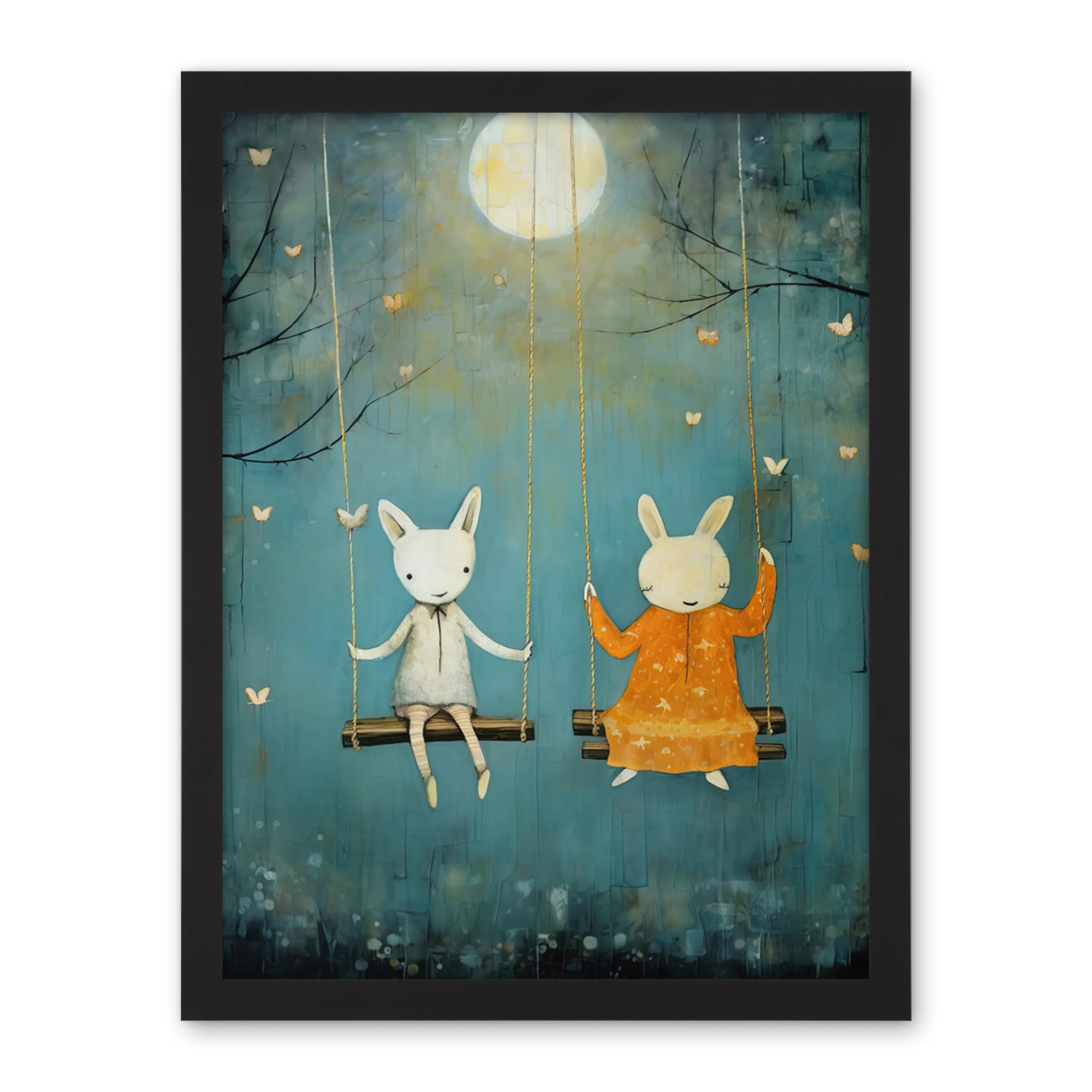 Artery8 Rabbits on a Swing with Moonlit Butterflies Calming Baby Nursery Artwork Framed Wall Art Print 18X24 Inch