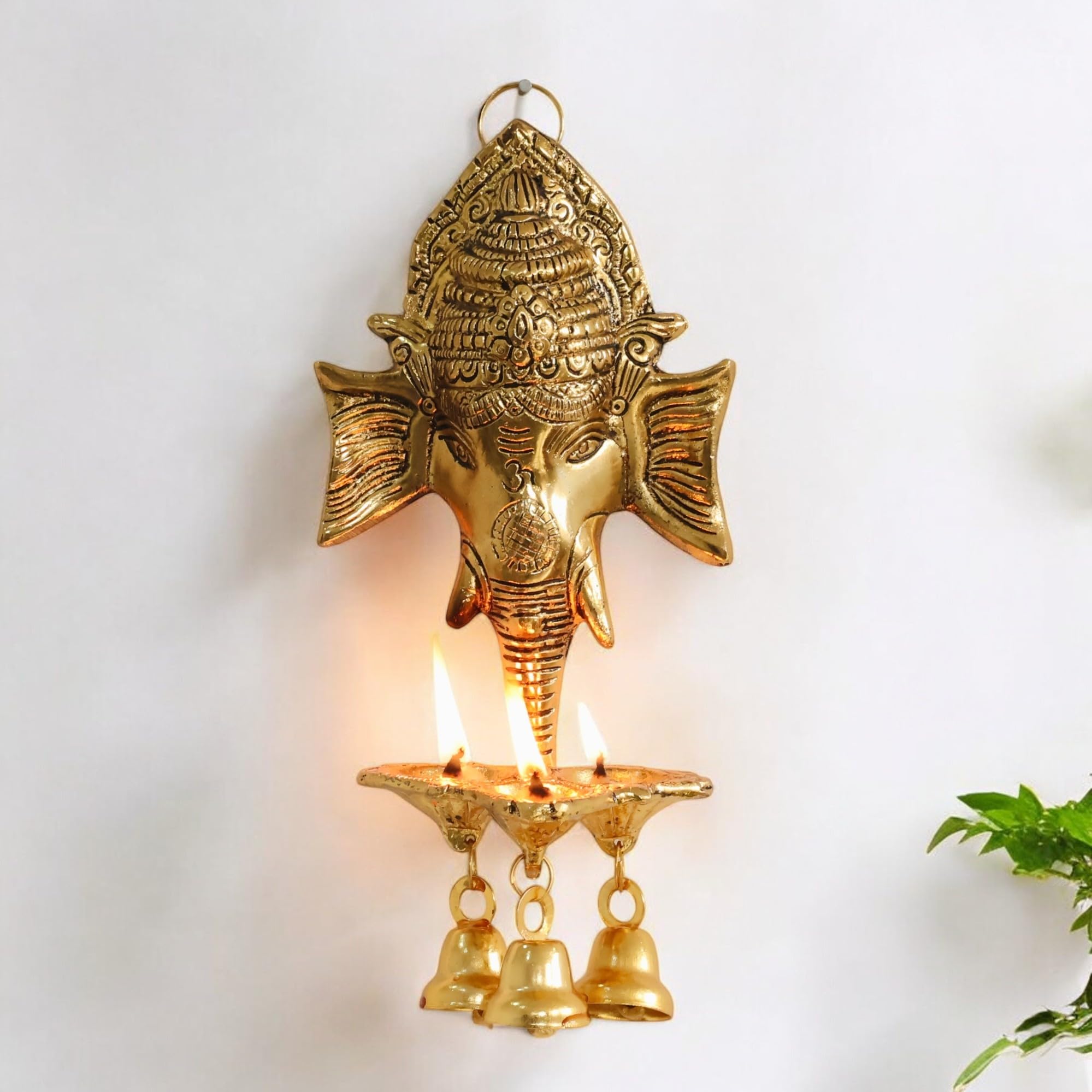 Metal Ganesha Wall Hanging Ganesh Diya with Three Bells for Home Decor, Gold Plated Metal Hanging Diyas Oil Lamp,-image-48