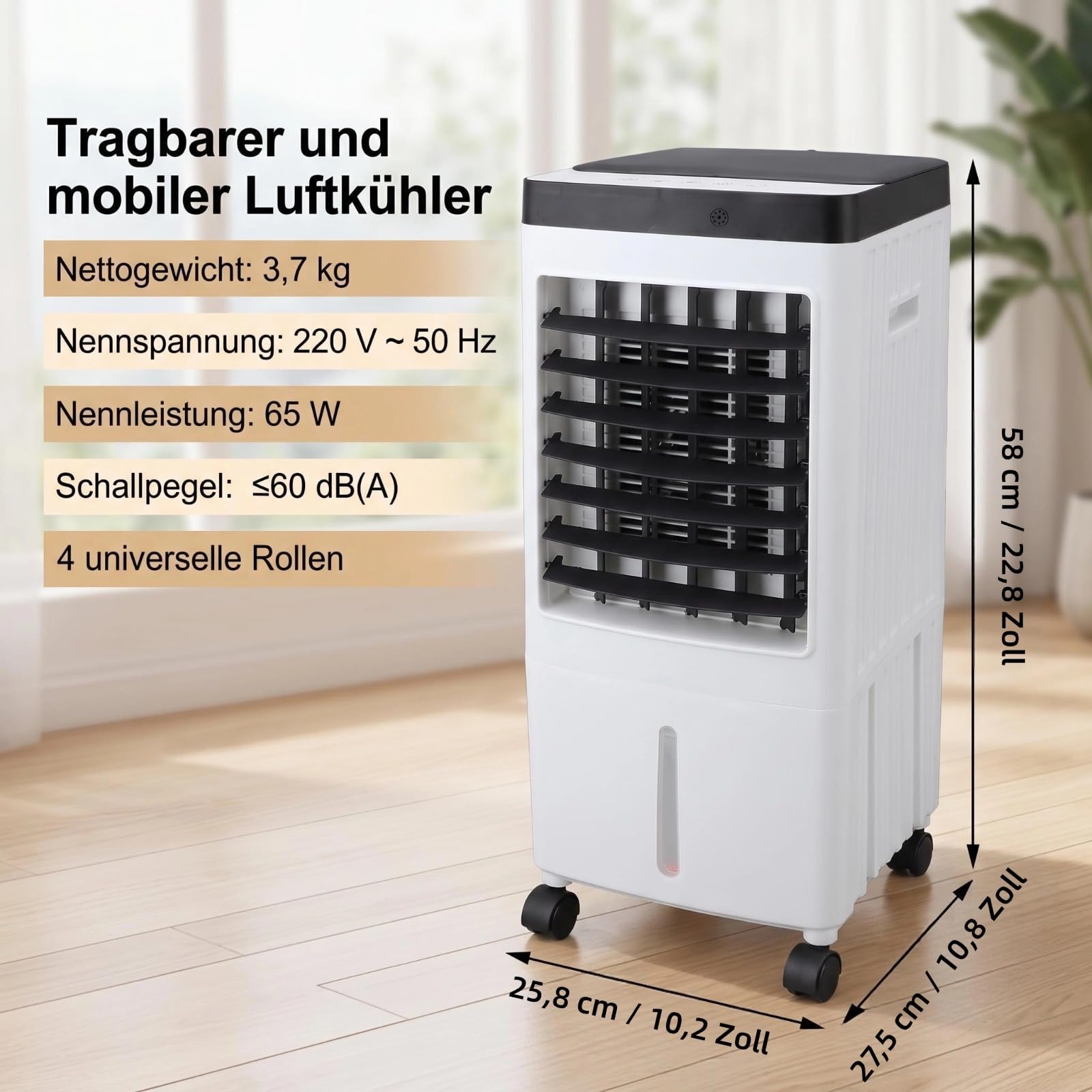 Luftkühler Ohne Abluftschlauch 10L 65WMobiles Klimagerät mit Wasserkühlung | 3 Stufen Fernbedienung Timer, Luftkühler für Zuhause Büro Schlafzimmer, Klimagerät Mobil mit Eispack