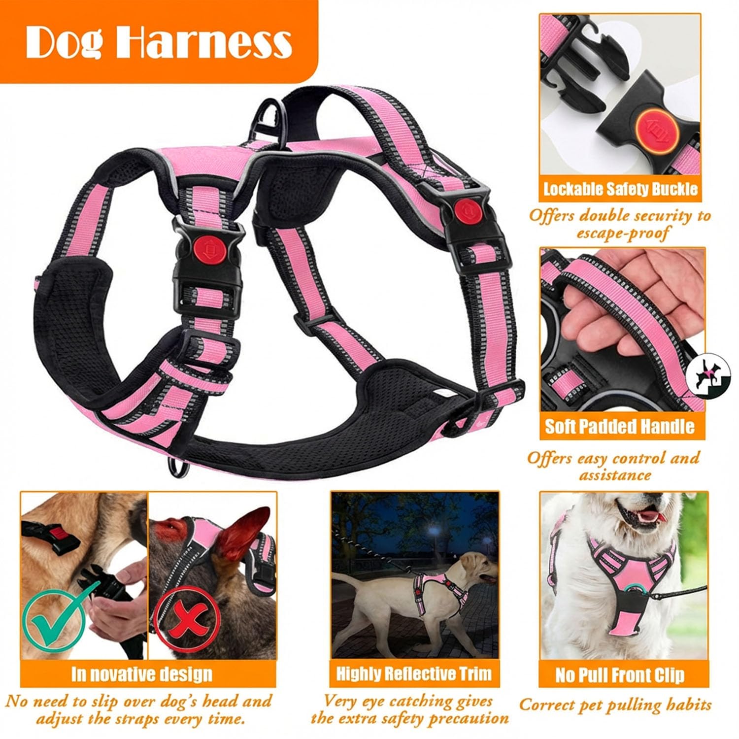 No Pull Dog Harness, Collar & Leash Set | Includes Dog Seat Belt, Collapsible Bowls & Poop Bag Dispenser. Ideal for Training, Walking, Hiking. Fits Small to Large Dogs(Pink-L)