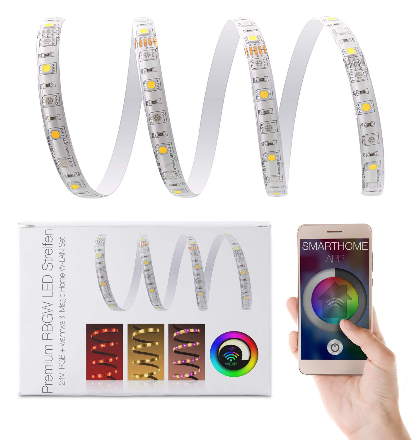 LED Universum RGBW Strip LED Strip Smart Home Set incluye fuente de alimentación y controlador WiFi App control Premium Band 24 V LED banda de luz IP65 RGBWW 2 x 30 LED/m 5050, Rgbw, 1 m